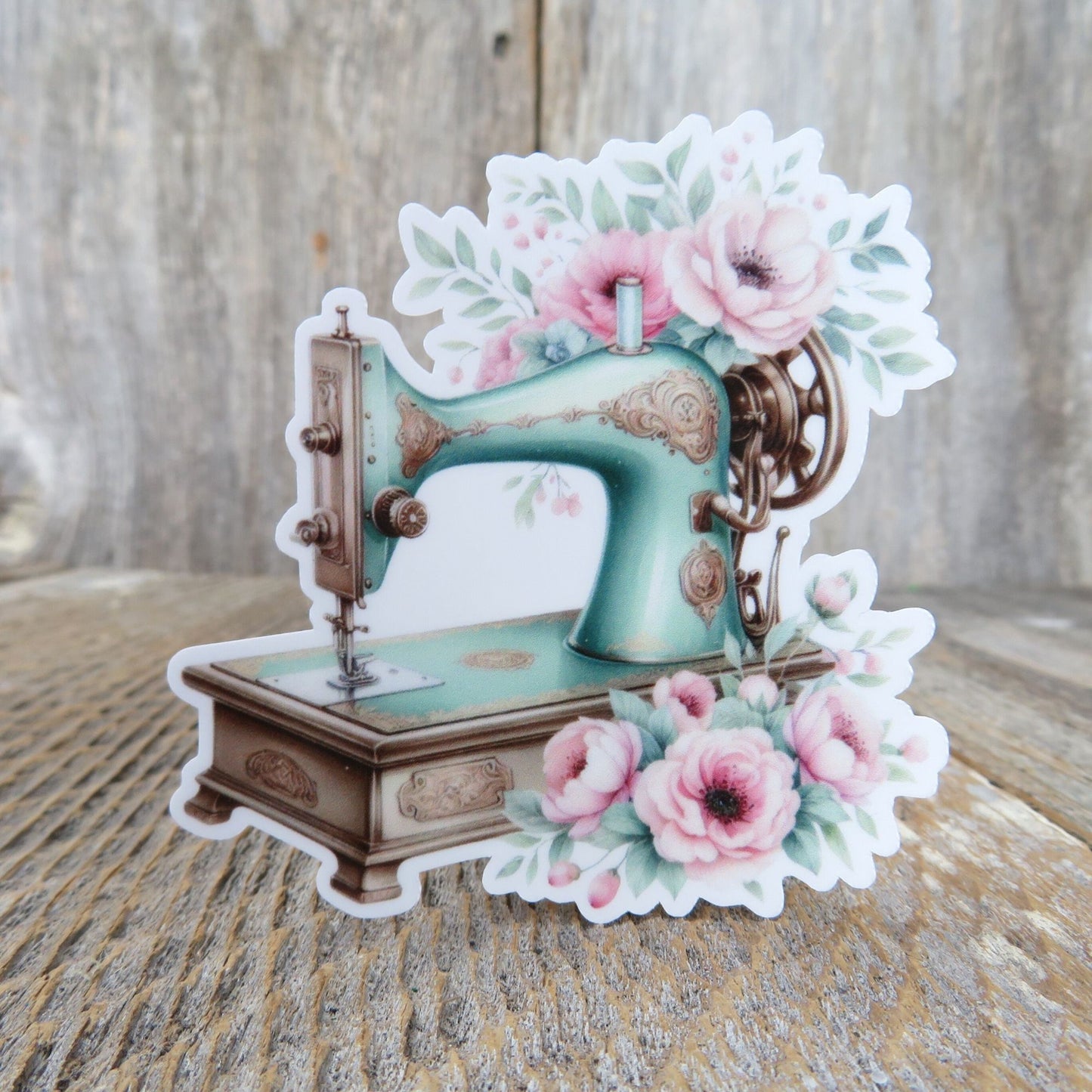 Sewing Machine Sticker Green Vintage Pink Flowers Quilters Sewers #S2624