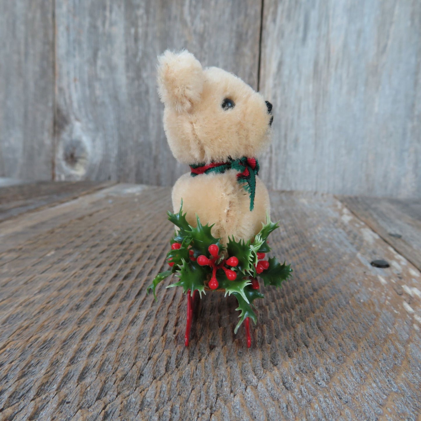 Teddy Bear on Red Metal Sled Christmas Tree Holly Figurine Decoration Taiwan