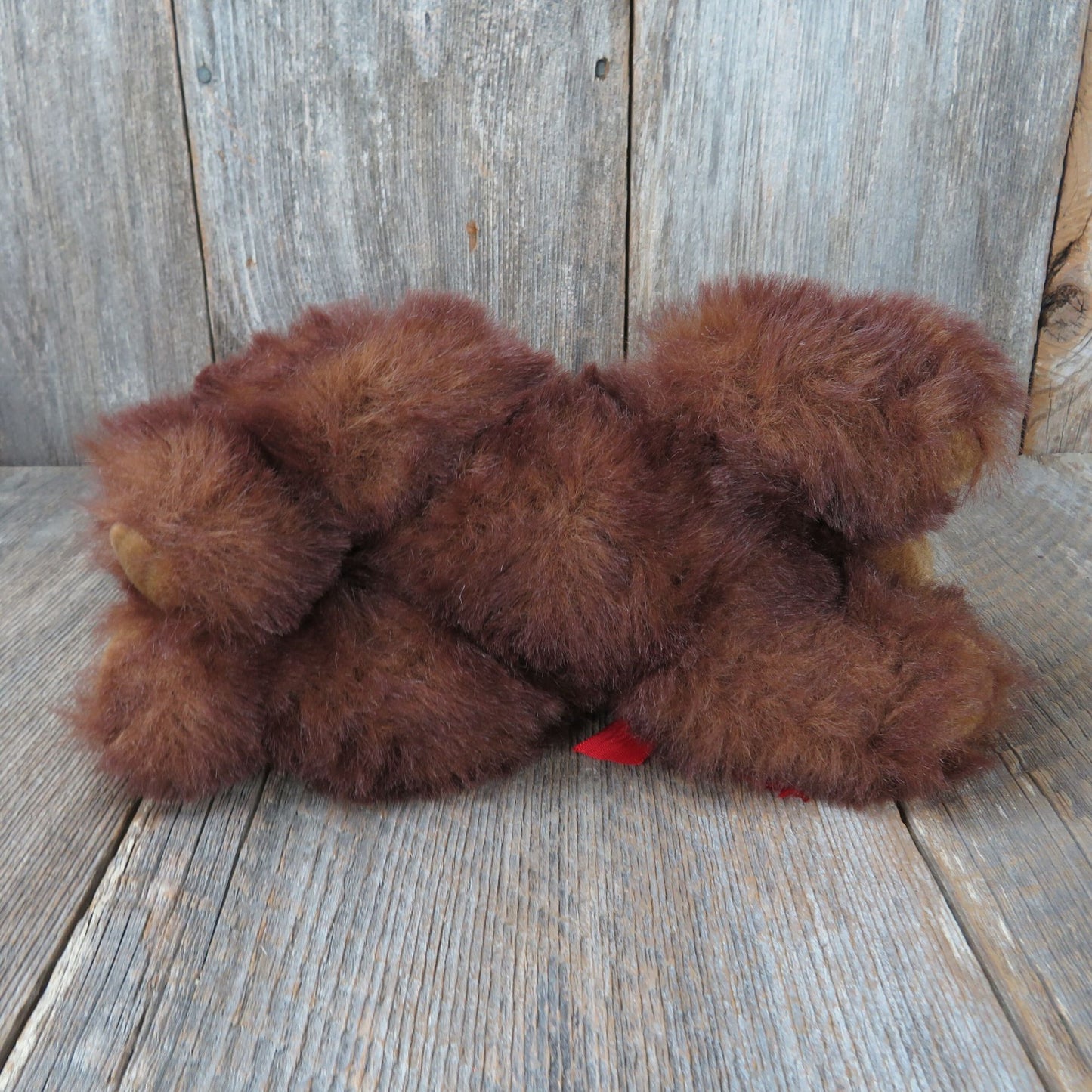Fuzzy Brown Bear Plush Laying Red Bow Arctic Circle Stuffed Animal Long Hair