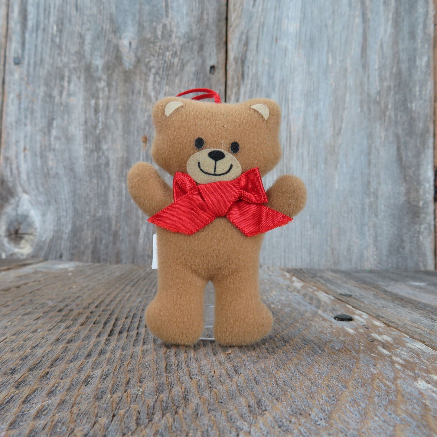 Bear Plush Ornament Christmas Red Bow Standing Felt Face