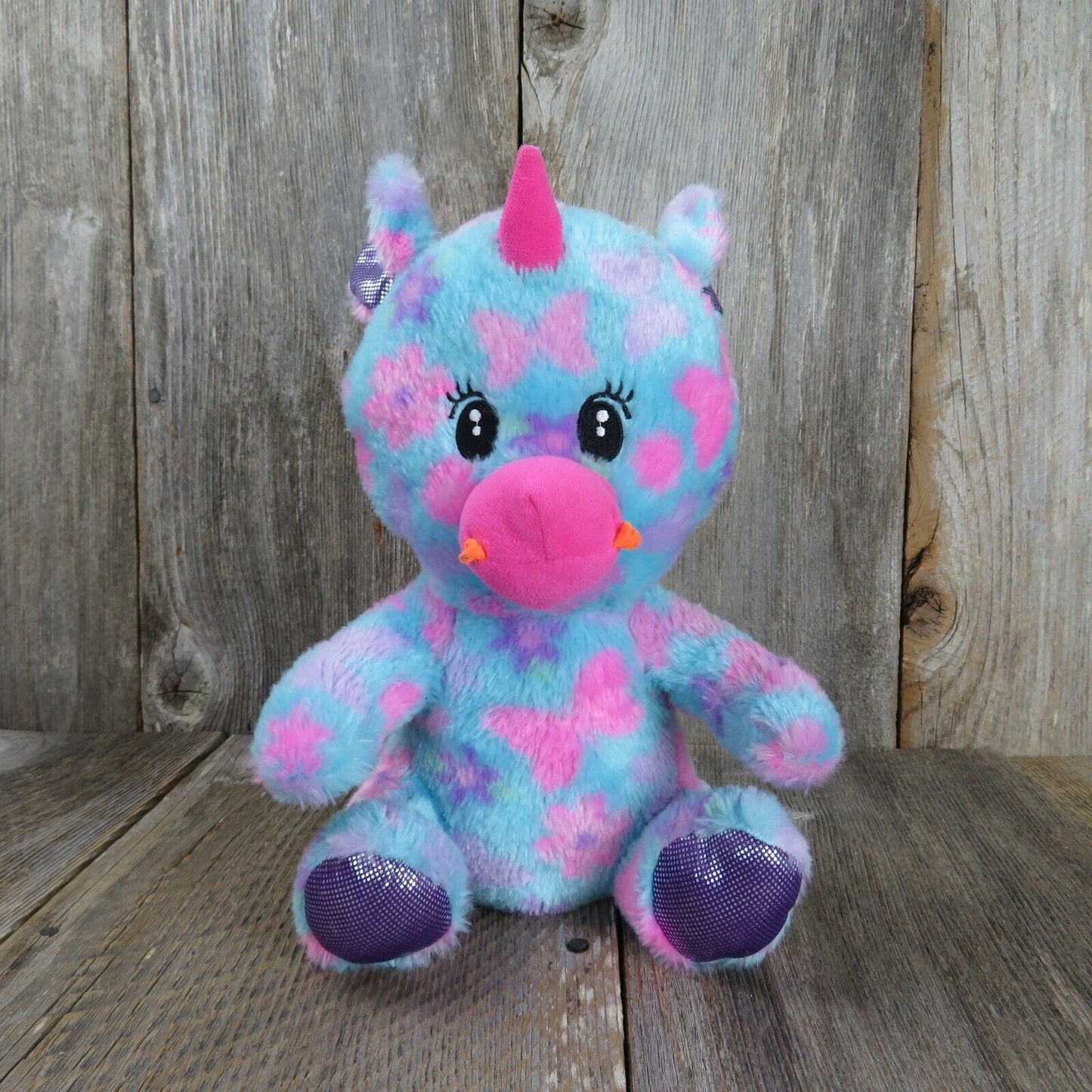 Blue Unicorn Stuffed Animal World Plush Pink Flowers Purple Feet Sewn Eyes