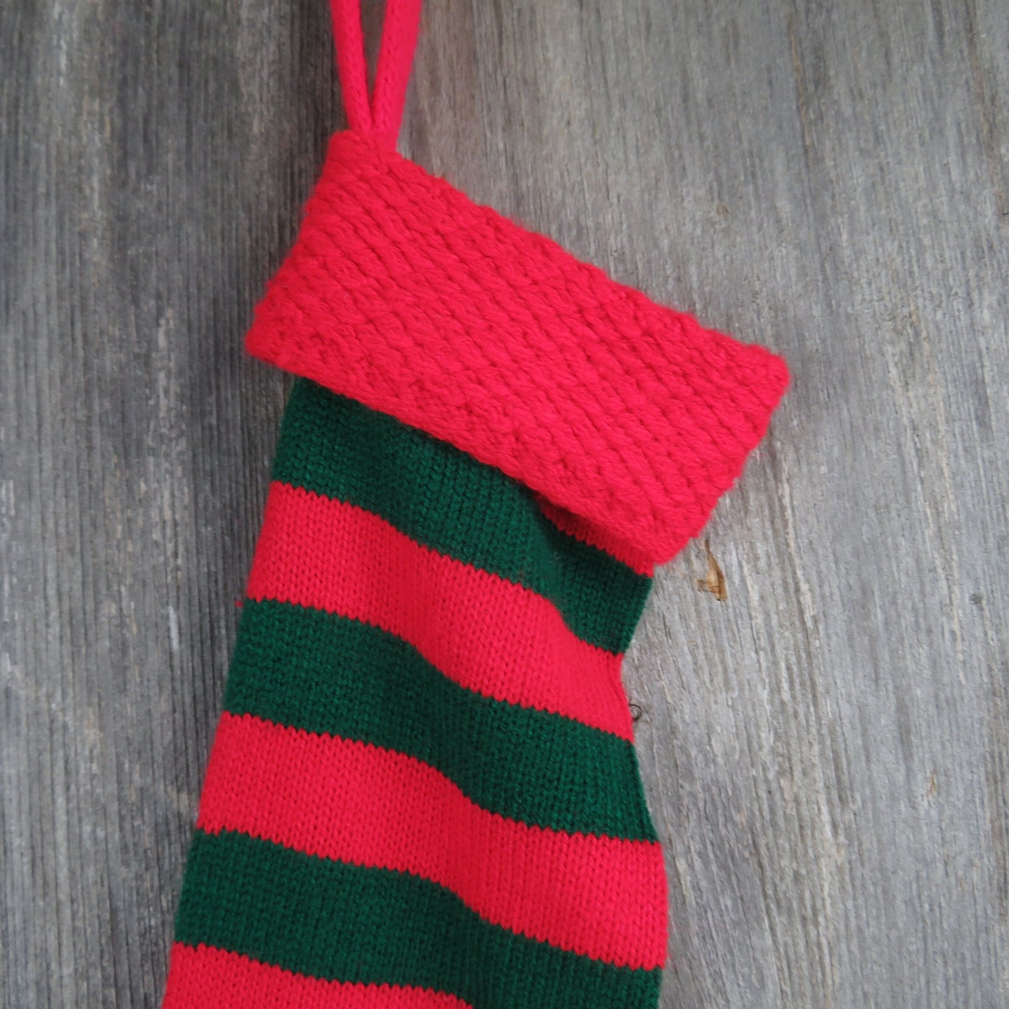 Vintage Knit Striped Christmas Stocking Red Green Stripes Knitted 1980s