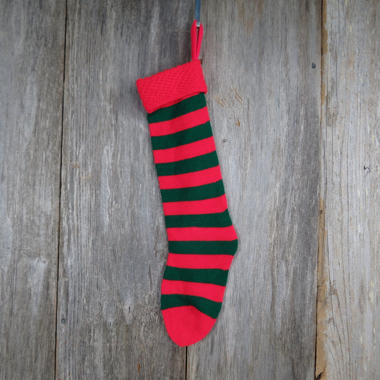 Vintage Knit Striped Christmas Stocking Red Green Stripes Knitted 1980s