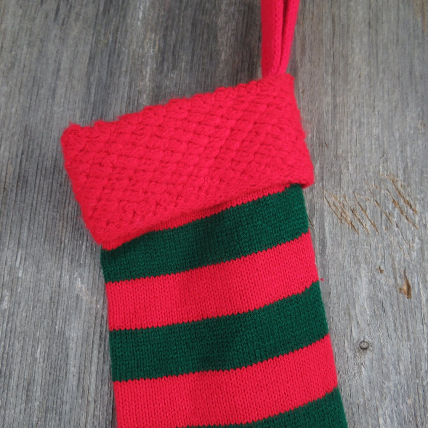 Vintage Knit Striped Christmas Stocking Red Green Stripes Knitted 1980s