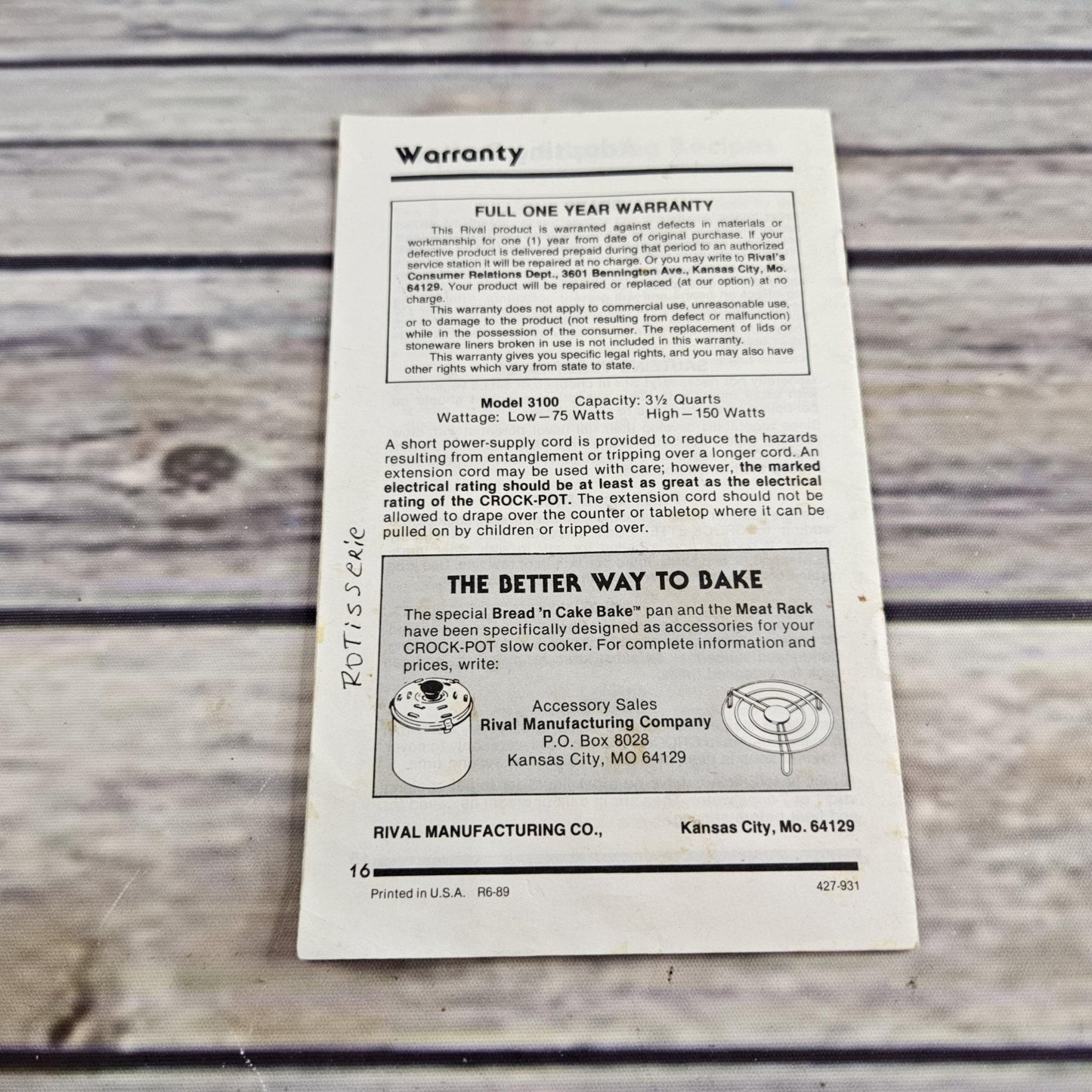 Vintage Rival Crock Pot Cookbook Owner's Manual Model Recipes Slow Cooker 3100 Paperback Booklet