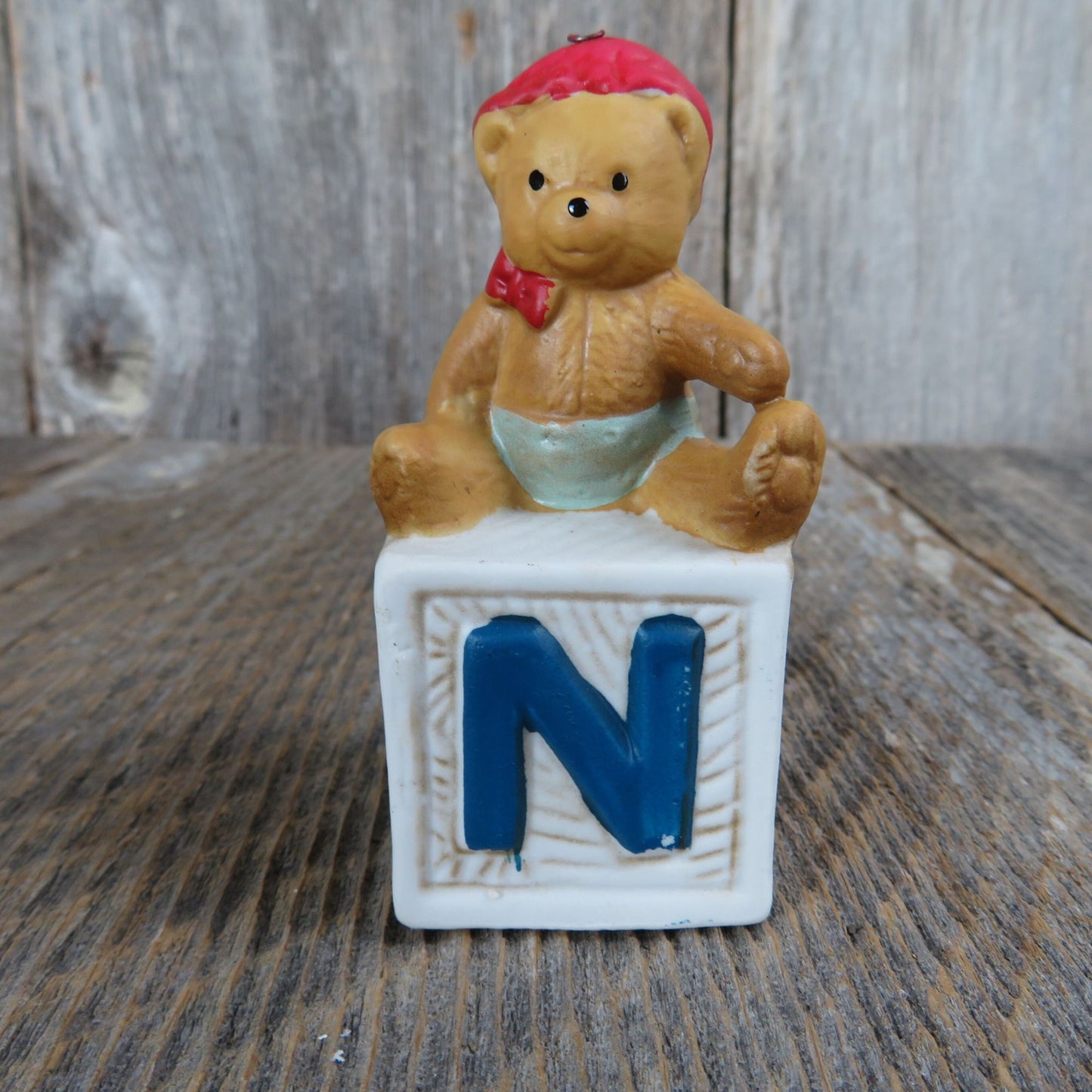 Vintage Baby Bear on Alphabet Block Ornament Red Bow Ceramic Porcelain Christmas House of Lloyd