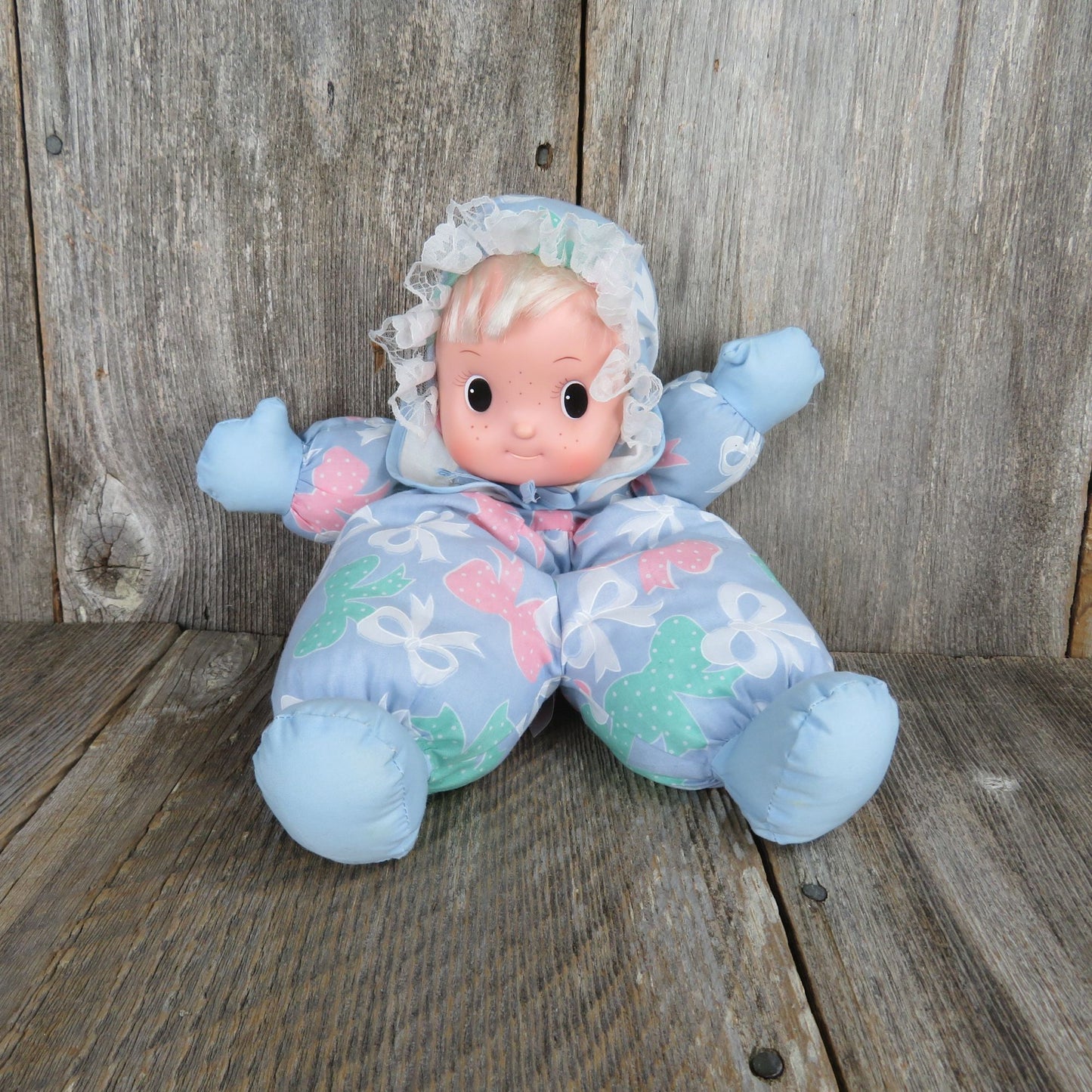 Vintage Soft Body Doll Plush Rubber Face Uneeda Blue Fabric Pink Green Bows Lace Big Eyes
