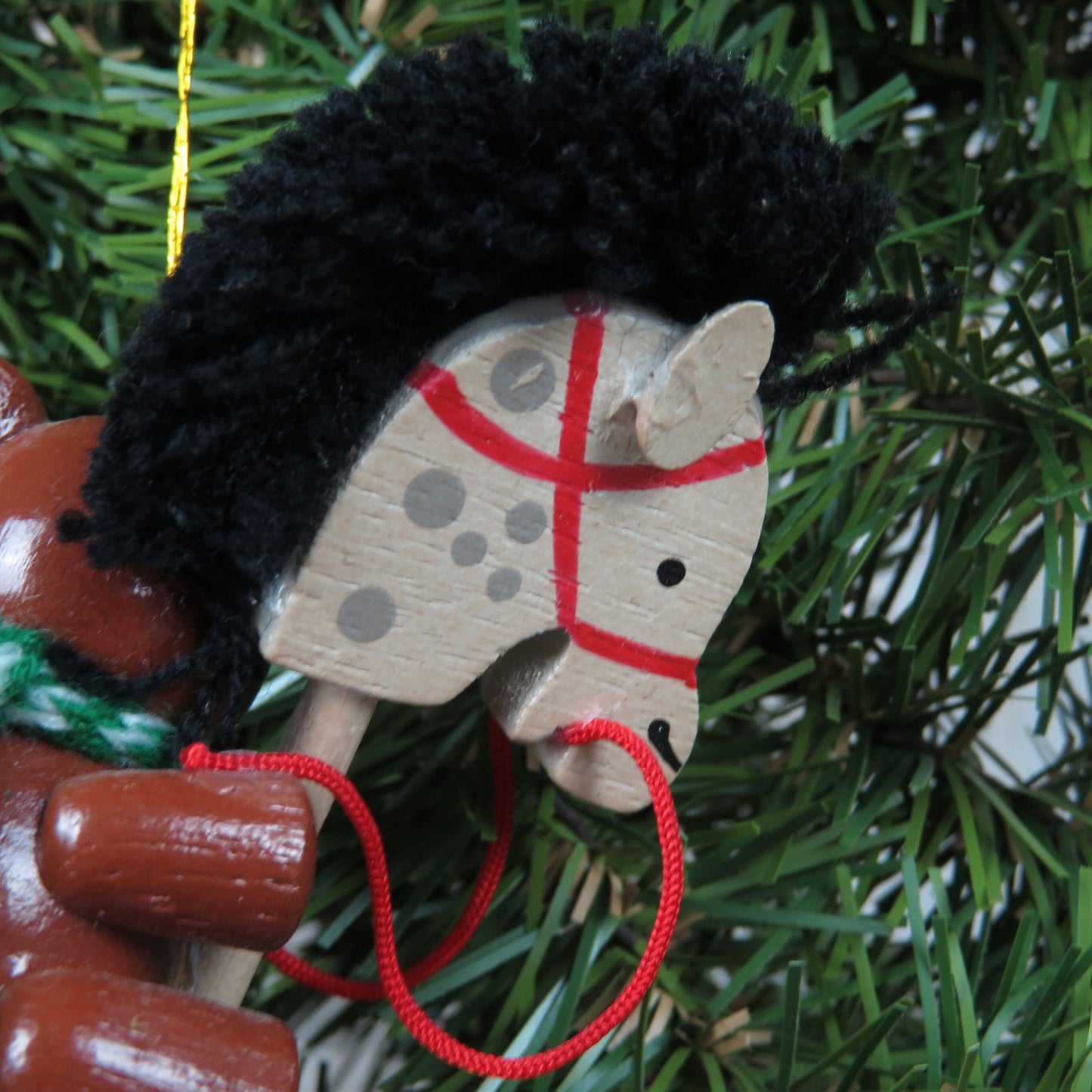 Vintage Bear on Wooden Hobby Stick Horse Ornament White Christmas Pony Scarf