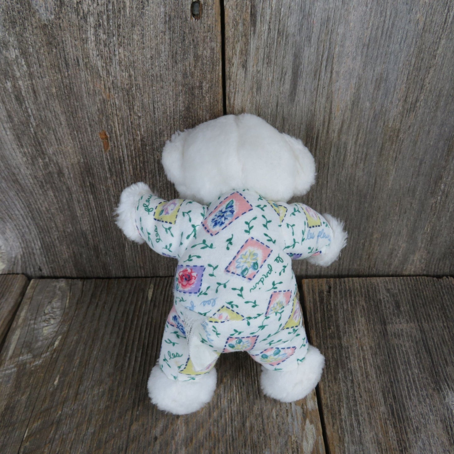 Vintage Mini Bear Plush White with Floral Fabric Body Blue Pink Flowers Stuffed Animal