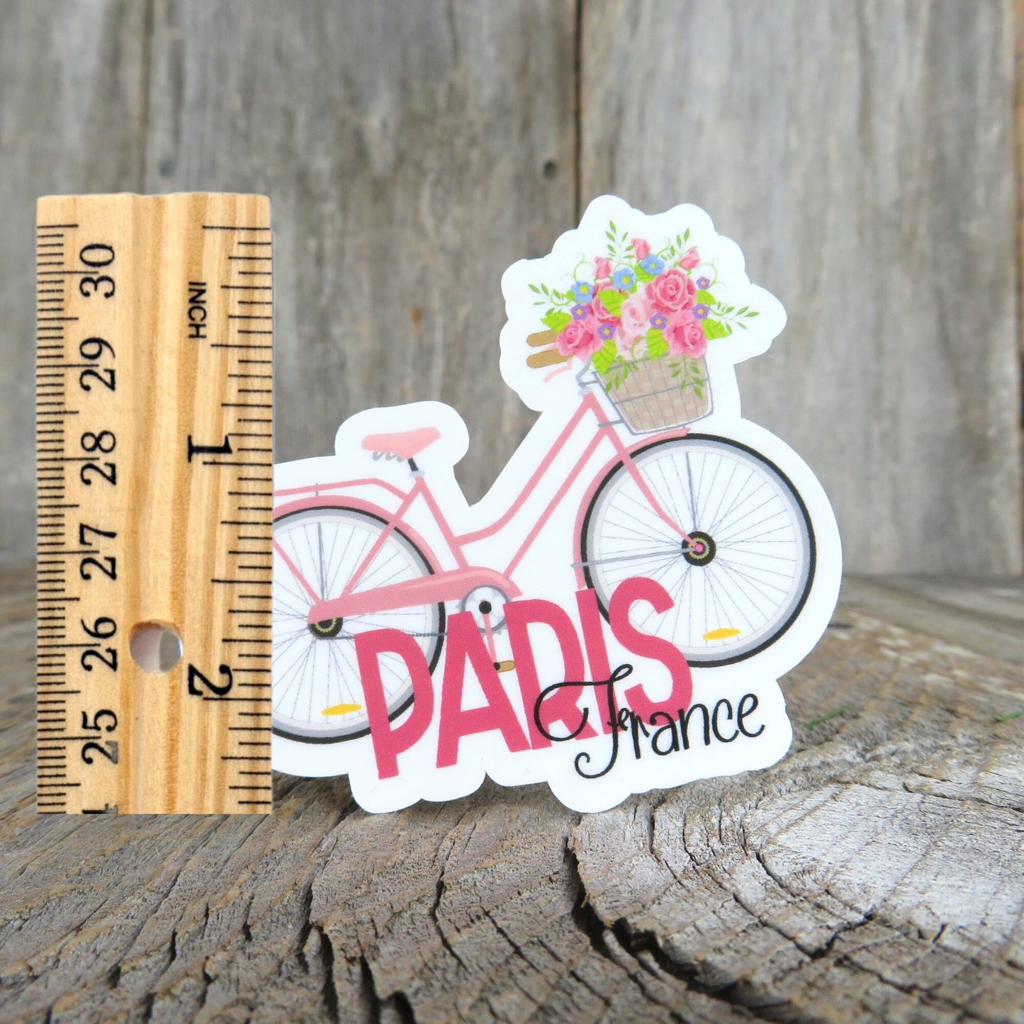 Paris France Sticker Pink Cruiser Bike With Flower Basket Full Color Bike Riding