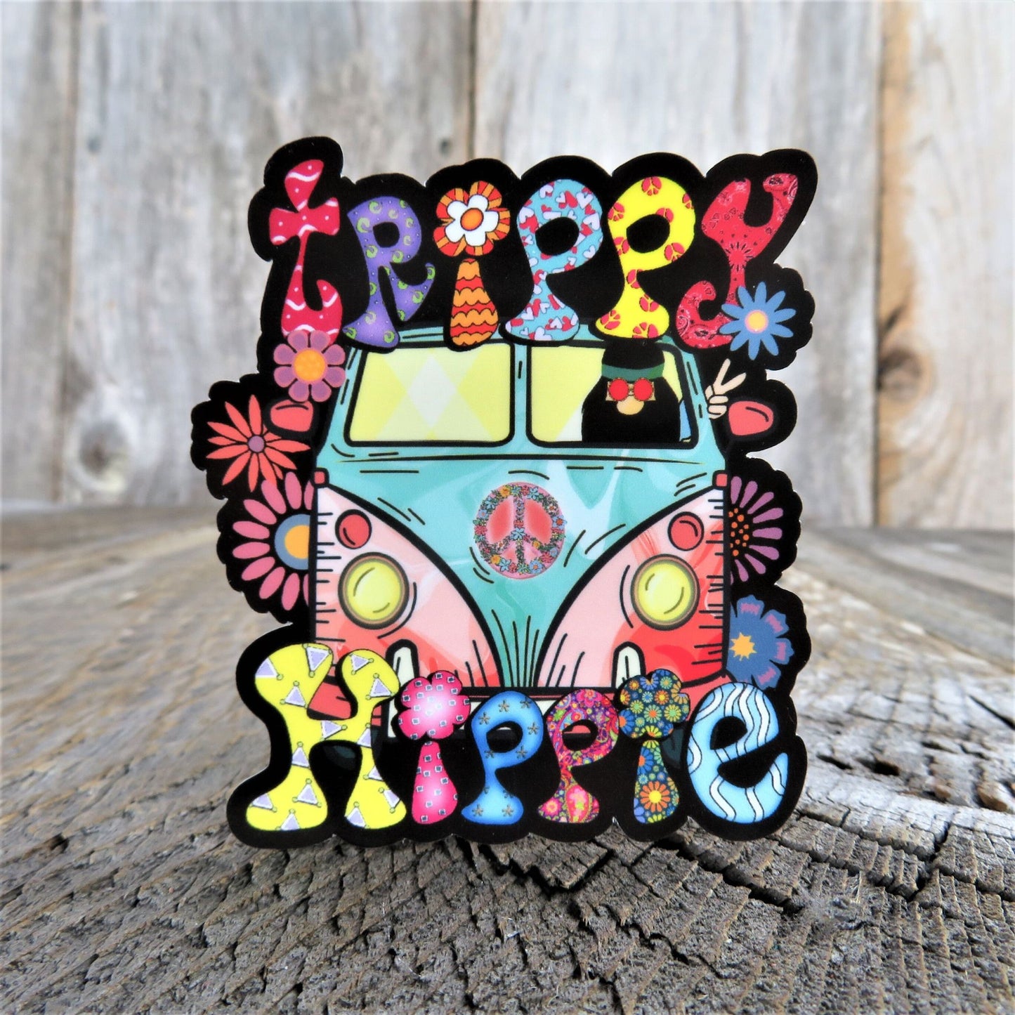 Trippy Hippie Sticker Van Peace Sign Flower Power Bright Colored Retro Hippie Flowers Waterproof Car Water Bottle Laptop