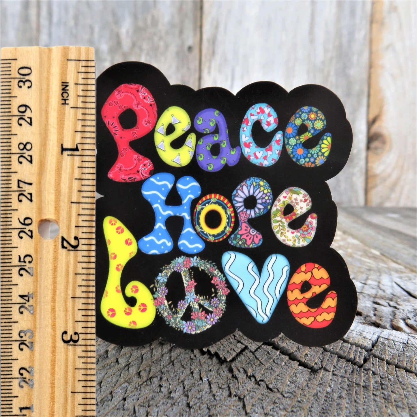 Peace Hope Love Sticker Positive Statement Bright Colored Retro Hippie Waterproof Car Water Bottle Laptop