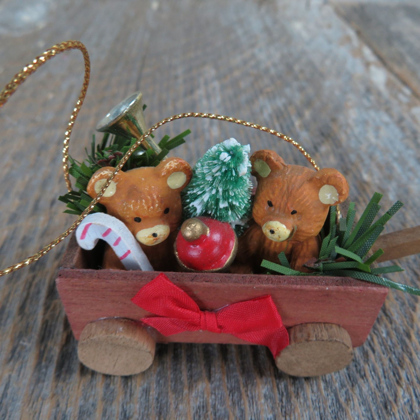 Vintage Wooden Wagon with Teddy Bears Ornament Wood Christmas Red Brush Tree Trumpet