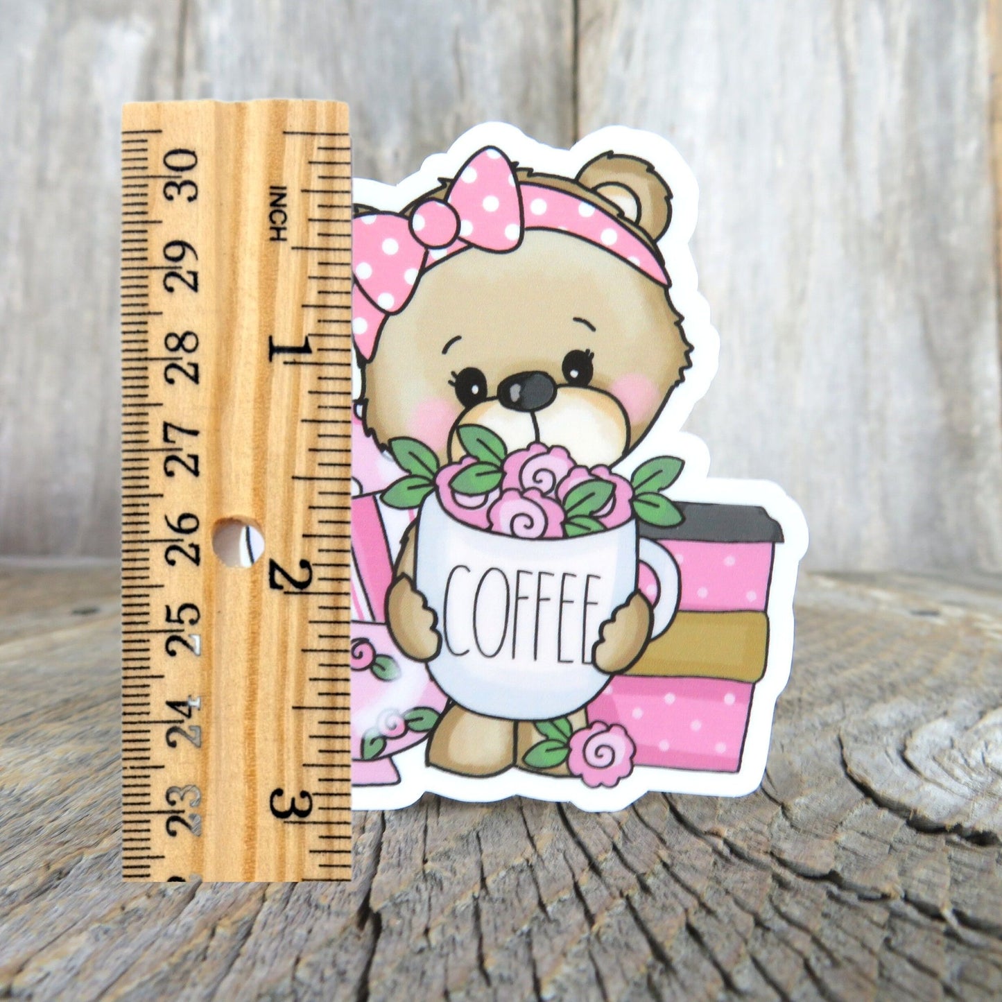Teddy Bear with Coffee Cup Sticker Waterproof Pink Coffee Lover Full Color Sticker Coffee Drinker