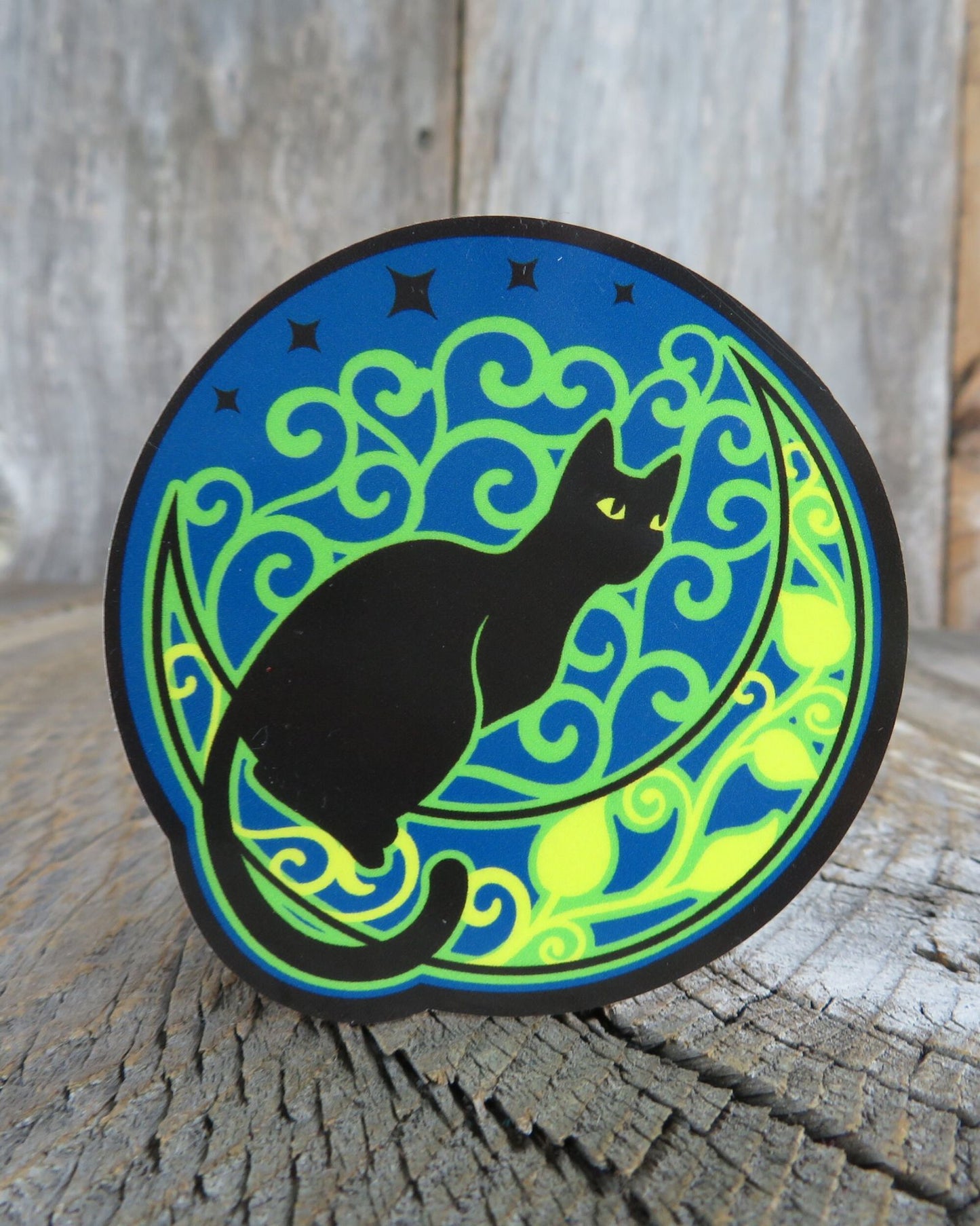 Black Cat Blue Floral Moon Sticker Waterproof Magic Mystic Halloween Cat