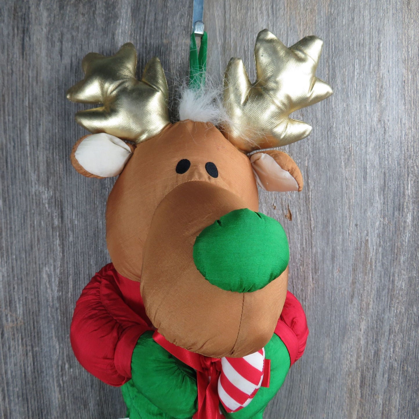 Vintage Moose Stocking Plush Reindeer Candy Cane Nylon Puffy Stuffed Animal Slick Quilted