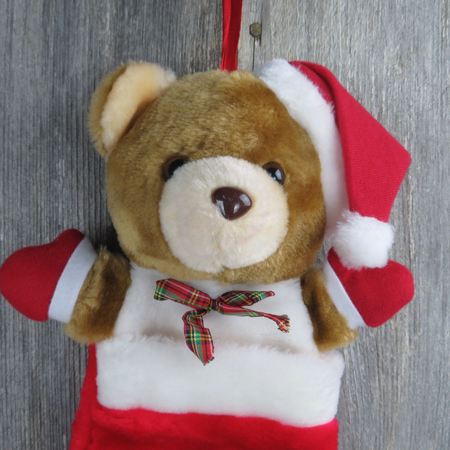 Vintage Teddy Bear Plush Stocking Brown Santa Hat Small Bow Mittens