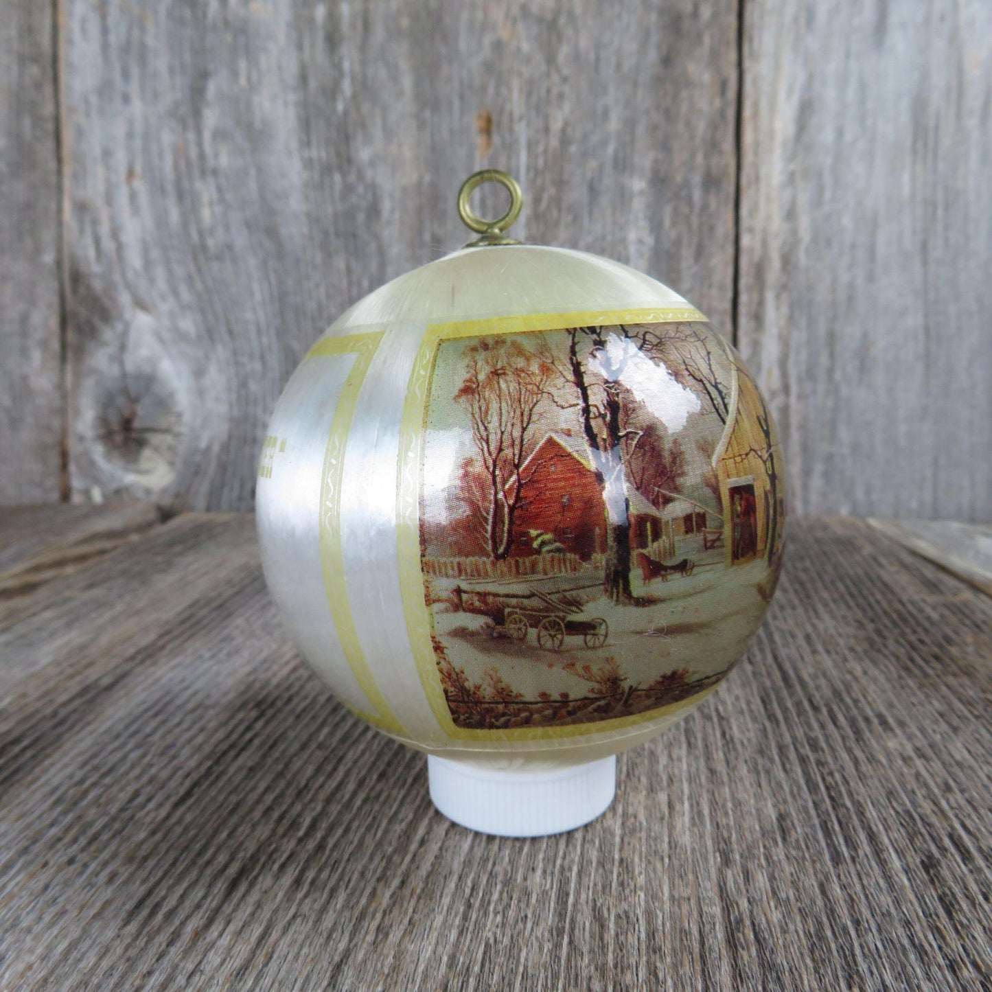 Vintage Currier and Ives Wrapped Satin Ball Ornament The Old Homestead In Winter General Foam Plastics Virginia