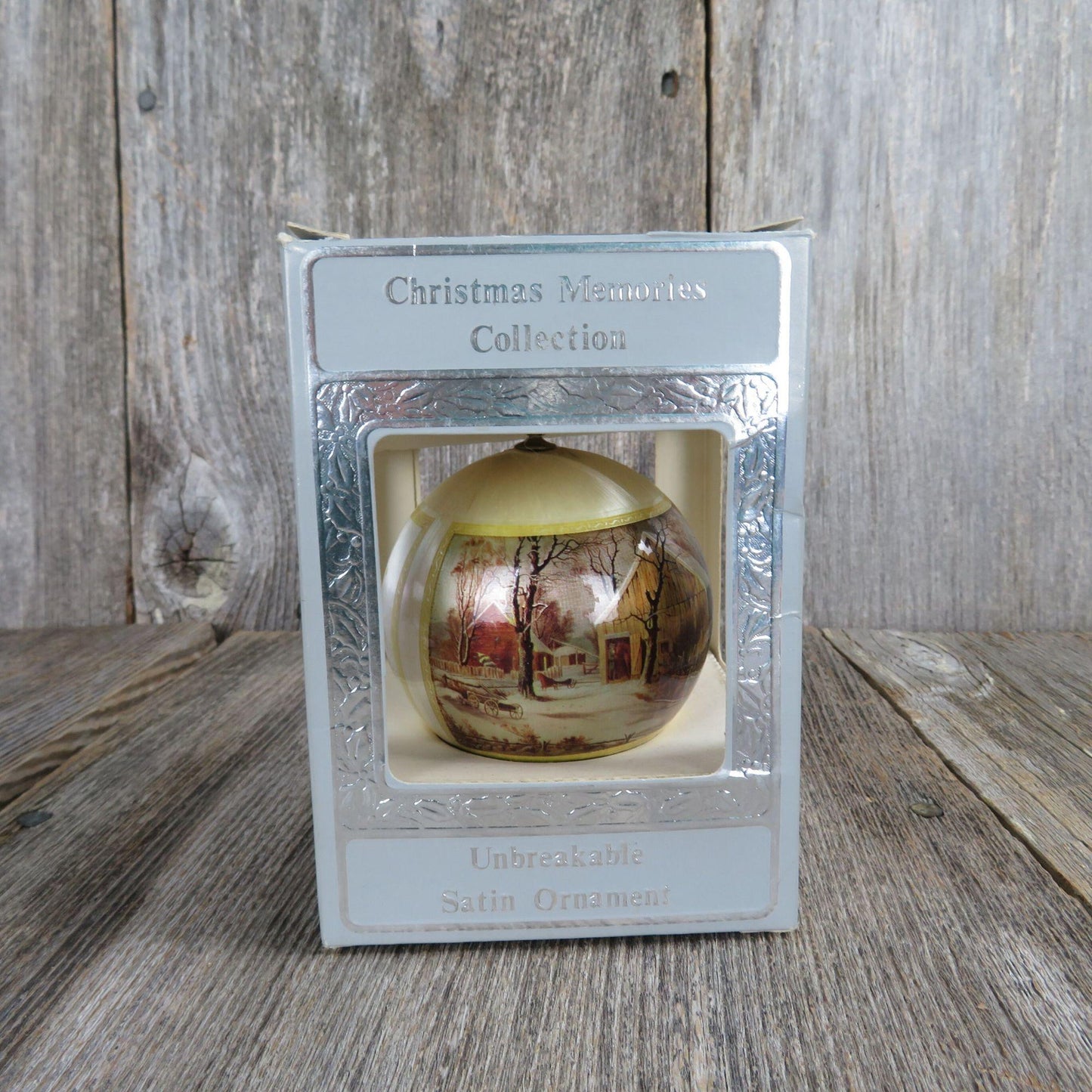 Vintage Currier and Ives Wrapped Satin Ball Ornament The Old Homestead In Winter General Foam Plastics Virginia