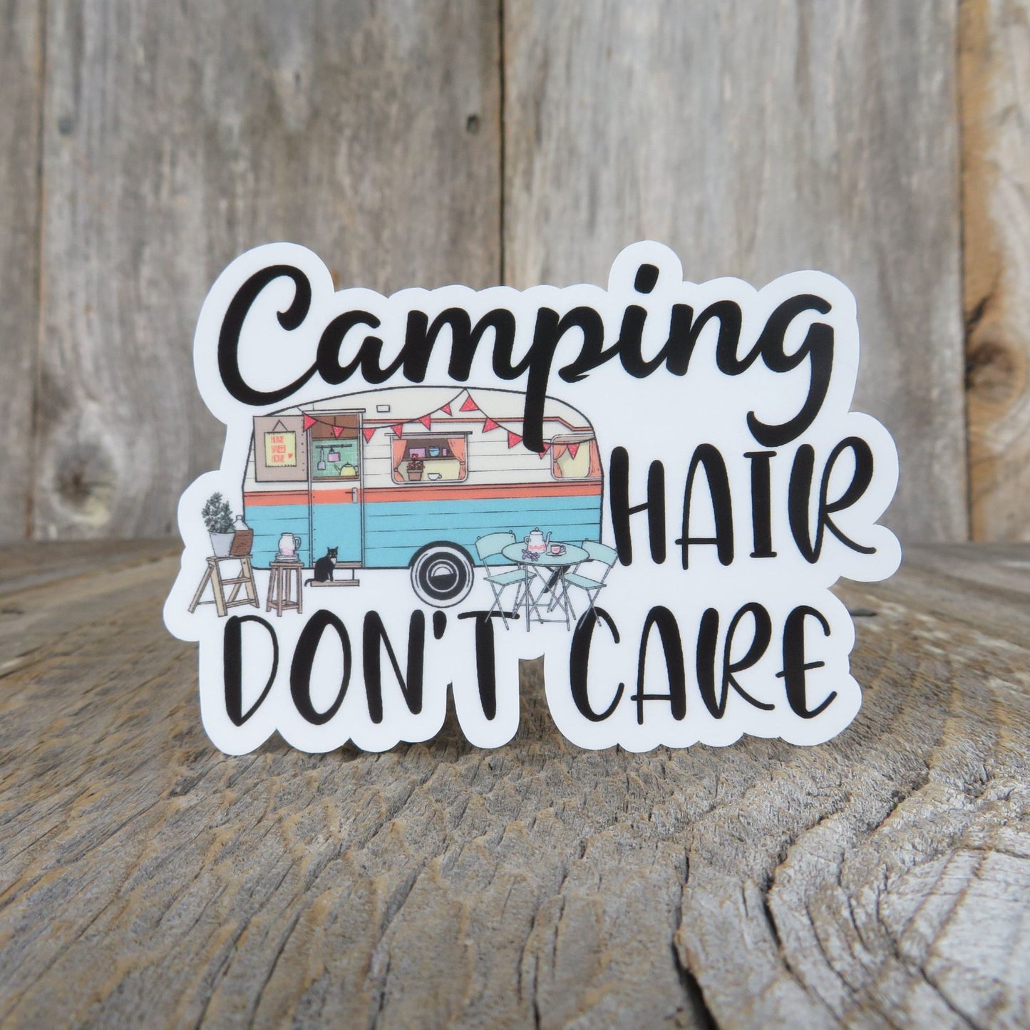 Camping Hair Don't Care Sticker Waterproof Travel Trailer Sticker Messy Bun Mountains Woods Outdoors Retro Colors
