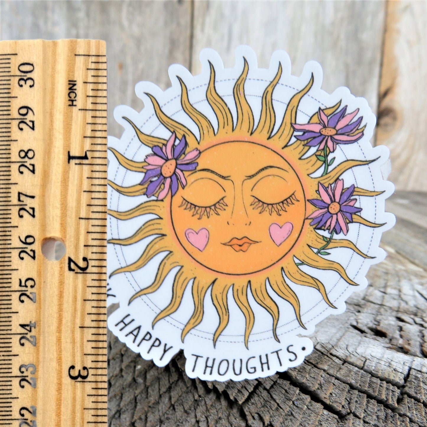 Sun Face Think Happy Thoughts Sticker BoHo Natural Decal Floral Full Color Waterproof Gardener Bugs Car Water Bottle Laptop