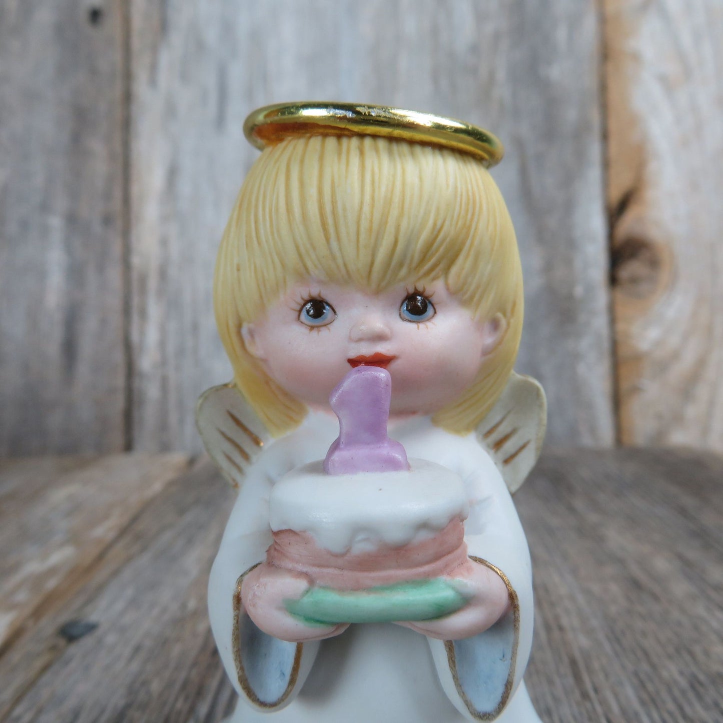 First Birthday Angel with Cake Figurine 1st Year Cake Topper Child One Year Blonde Made in Tiawan