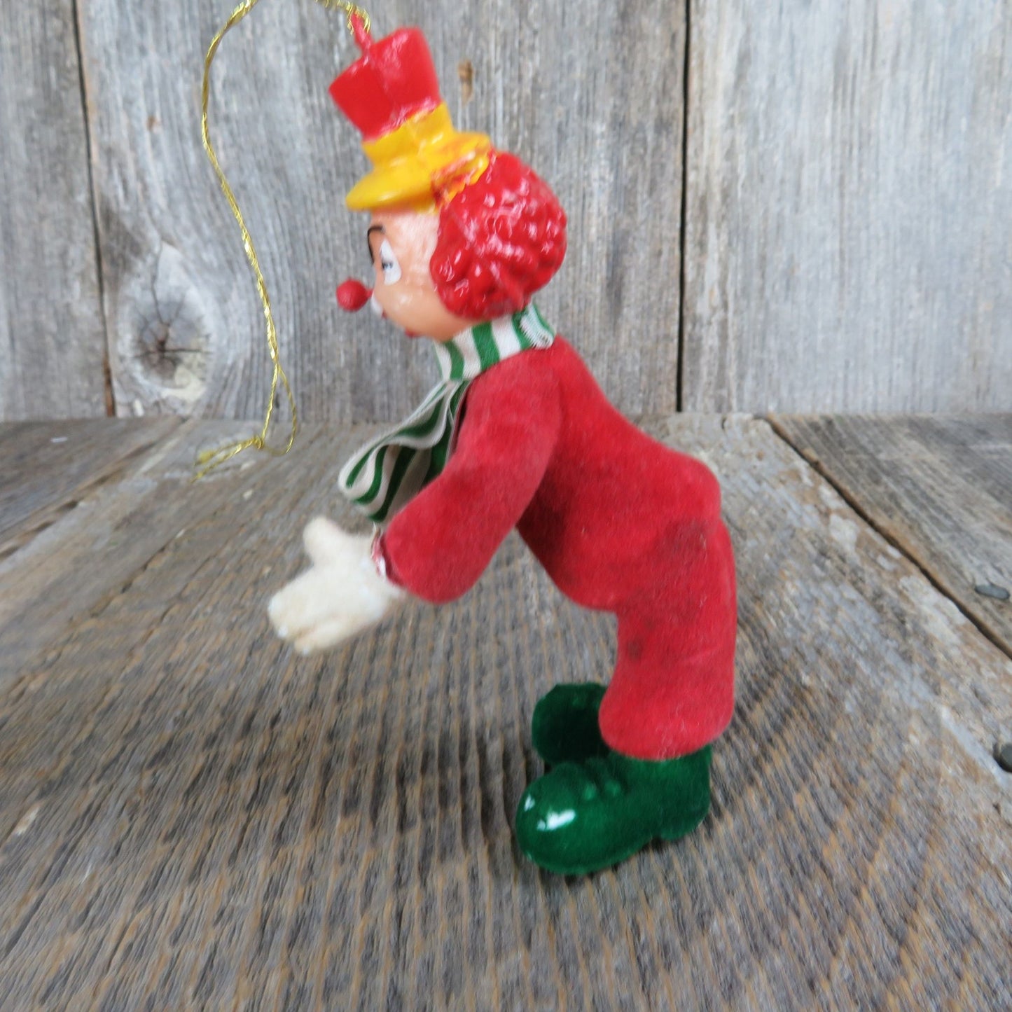 Vintage Flocked Clown Ornament Christmas Red Plastic Green