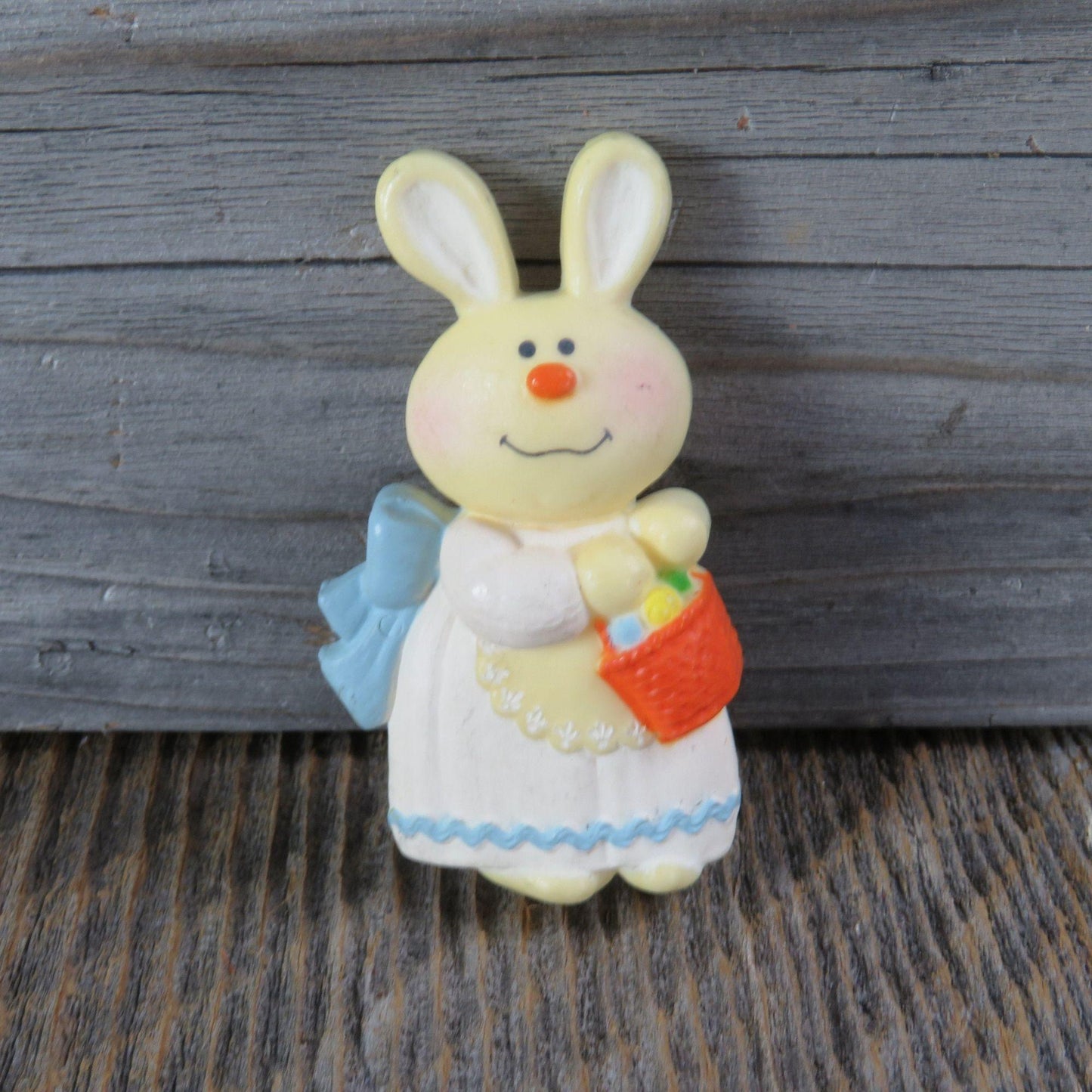 Vintage Bunny Rabbit Easter Pin Dress Basket Blue Orange Brooch Hallmark 1975