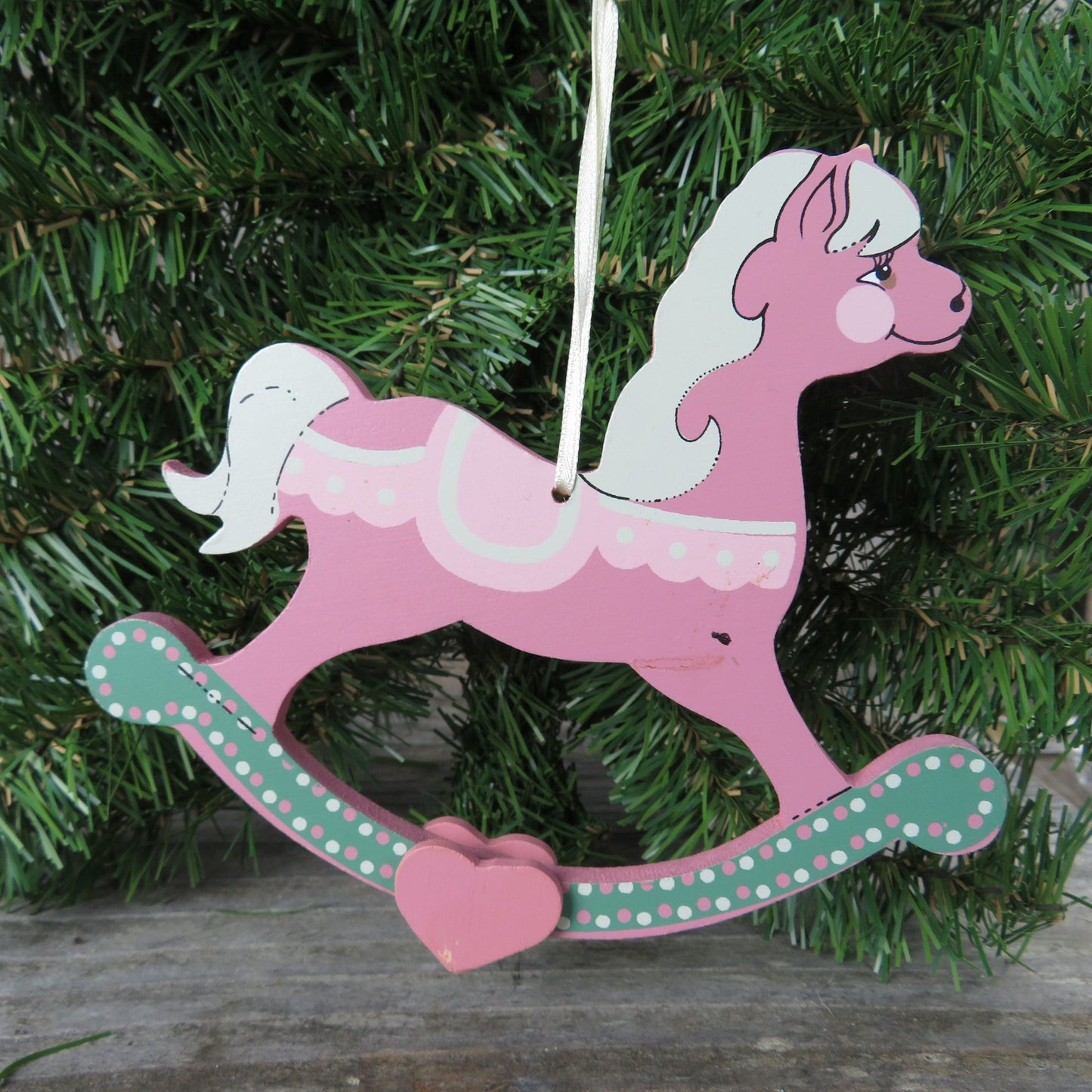 Vintage Pink Wooden Rocking Horse Ornament Fancy Painted Show Pony Green Holly Adler Kurt 1988