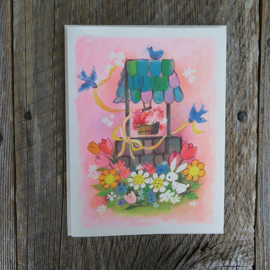 Vintage Wishing Well Caprice Birthday Card Birds Bunny Flowers Pink Blue Coronation Collection Greeting