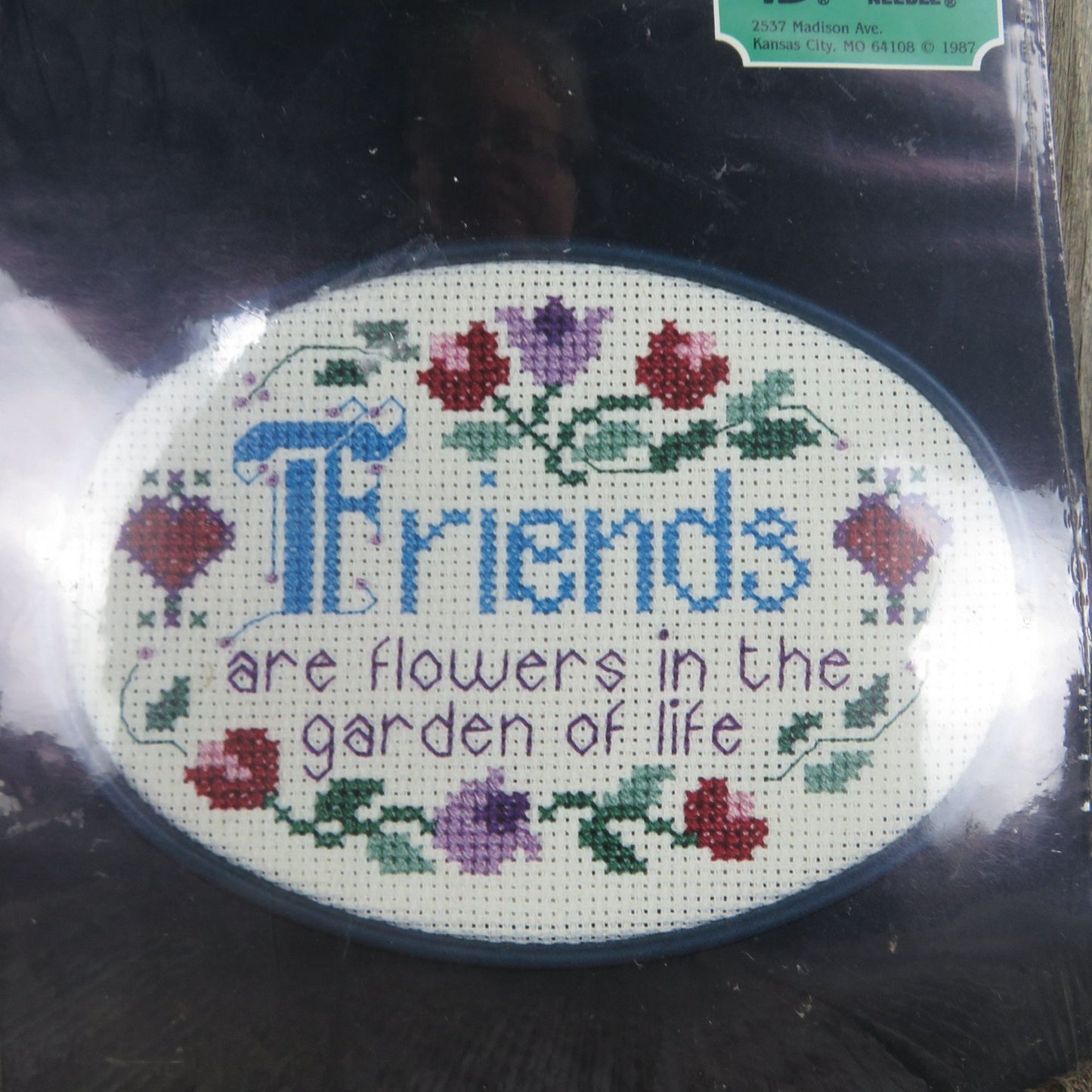 Vintage Counted Cross Stitch Kit Friends are Flowers 4024 Designs for the Needle 1987 Oval