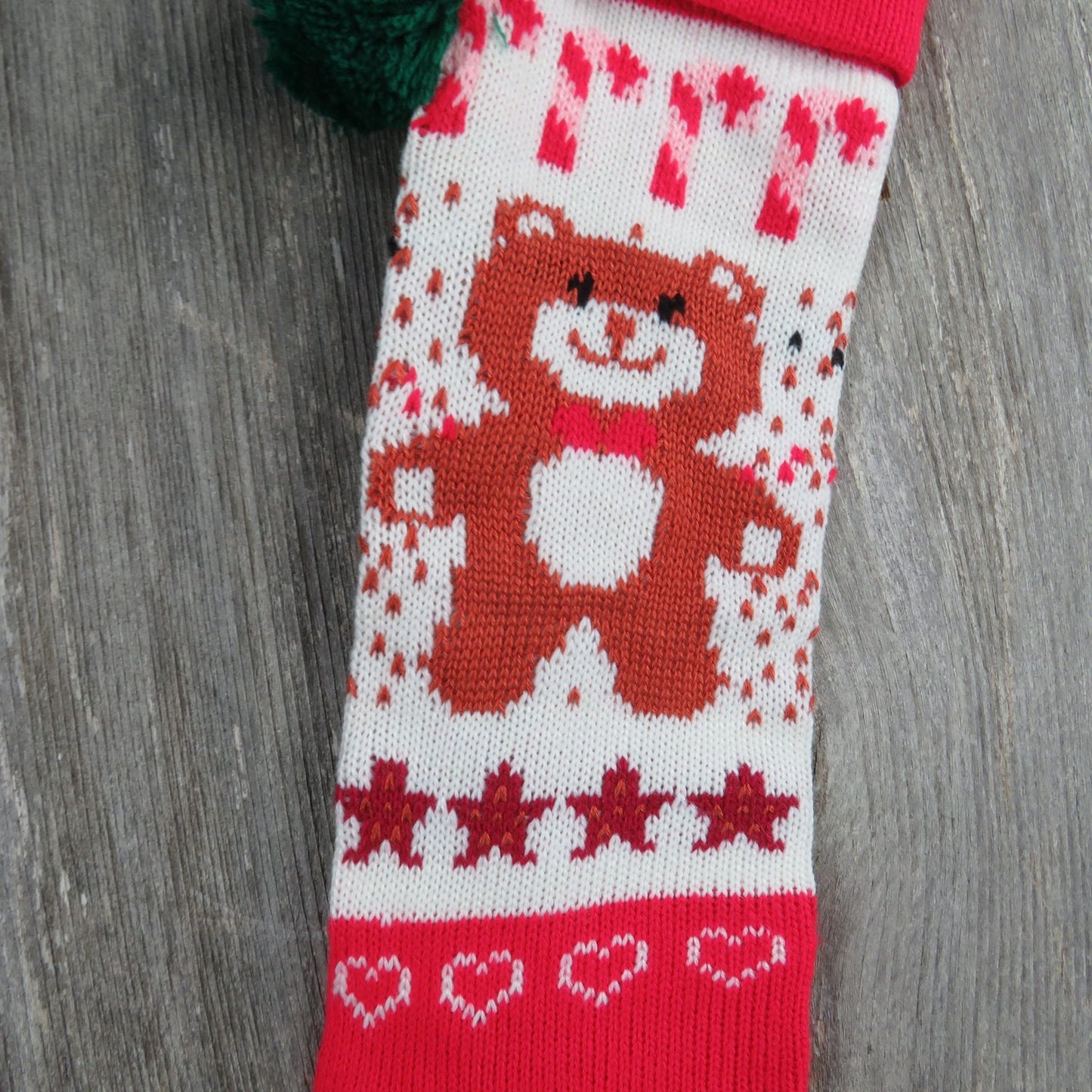 Christmas Stocking Knitted Knit Teddy Bear Candy White Red Green Vtg 1980s st13