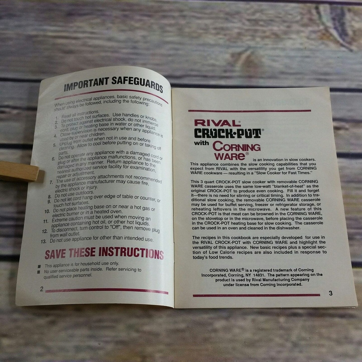 Vintage Rival Crock Pot Cookbook Owner's Manual Recipes Slow Cooker with Corning Ware 1989 Booklet 427-958 3 Quart Model 3753