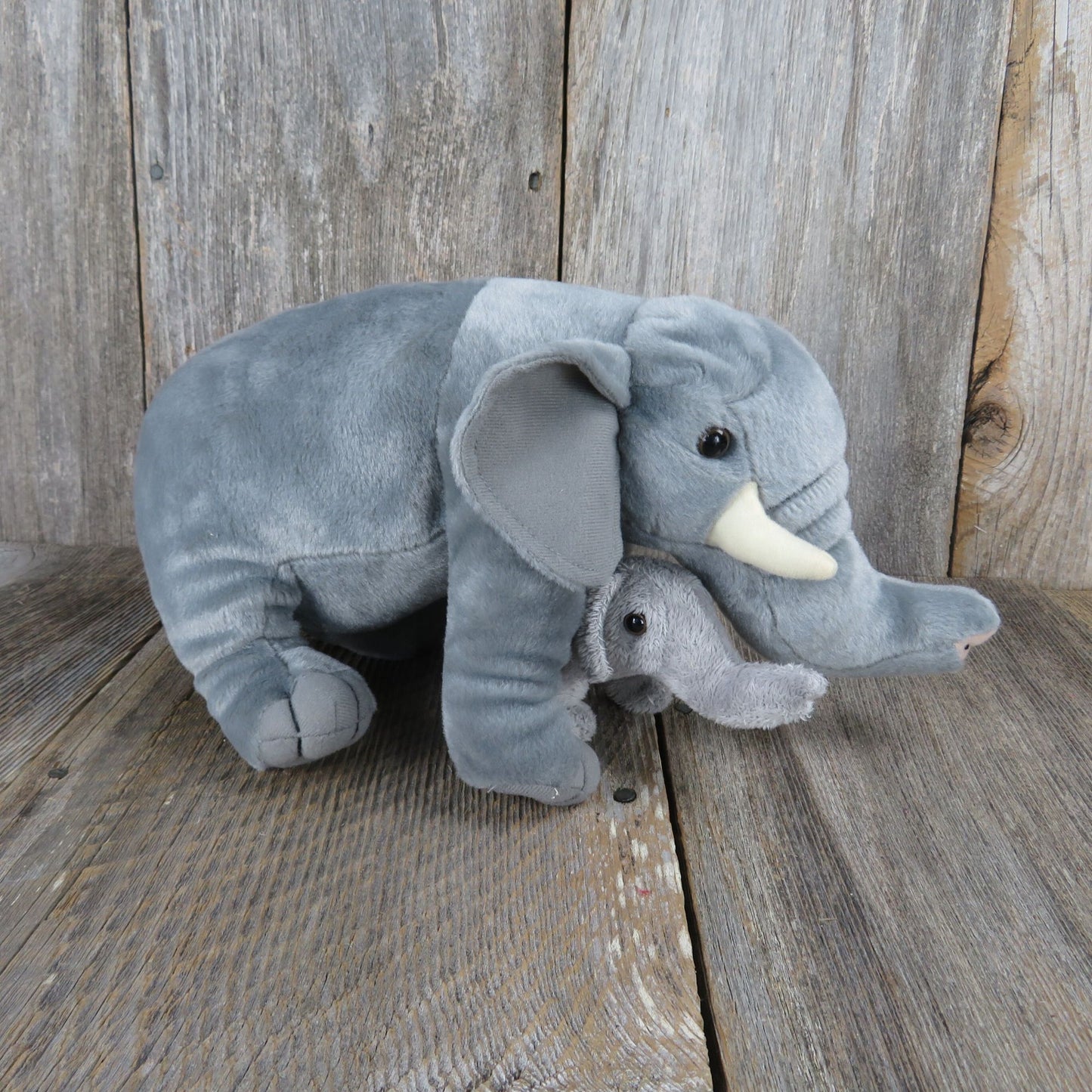 Vintage Elephant with Baby Plush Fiesta Stuffed Animal Mom and Baby Gray Standing All Fours