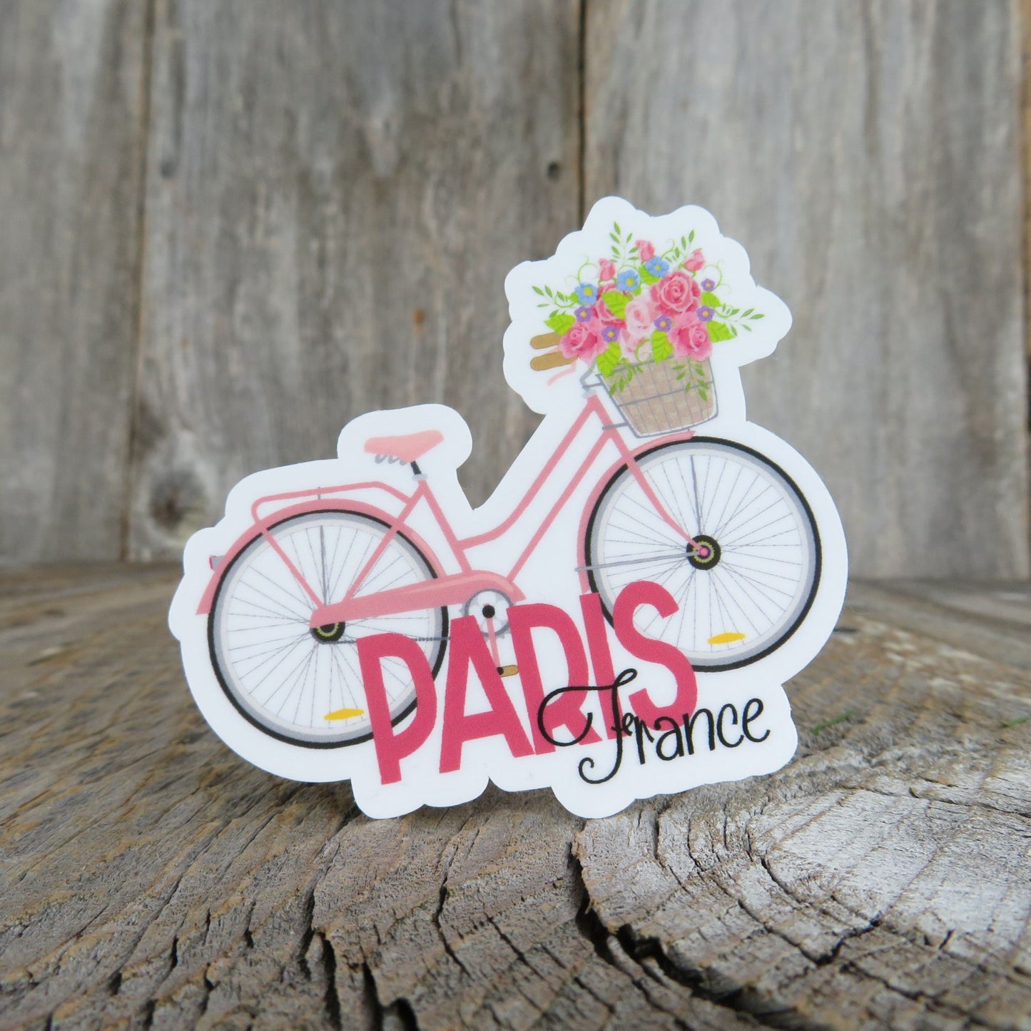 Paris France Sticker Pink Cruiser Bike With Flower Basket Full Color Bike Riding