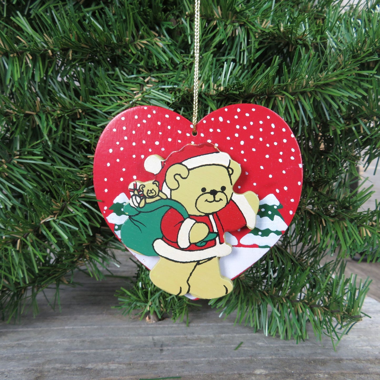 Heart Shaped Bear Santa Claus Wood Ornament Vintage Wooden Painted Christmas Ornament