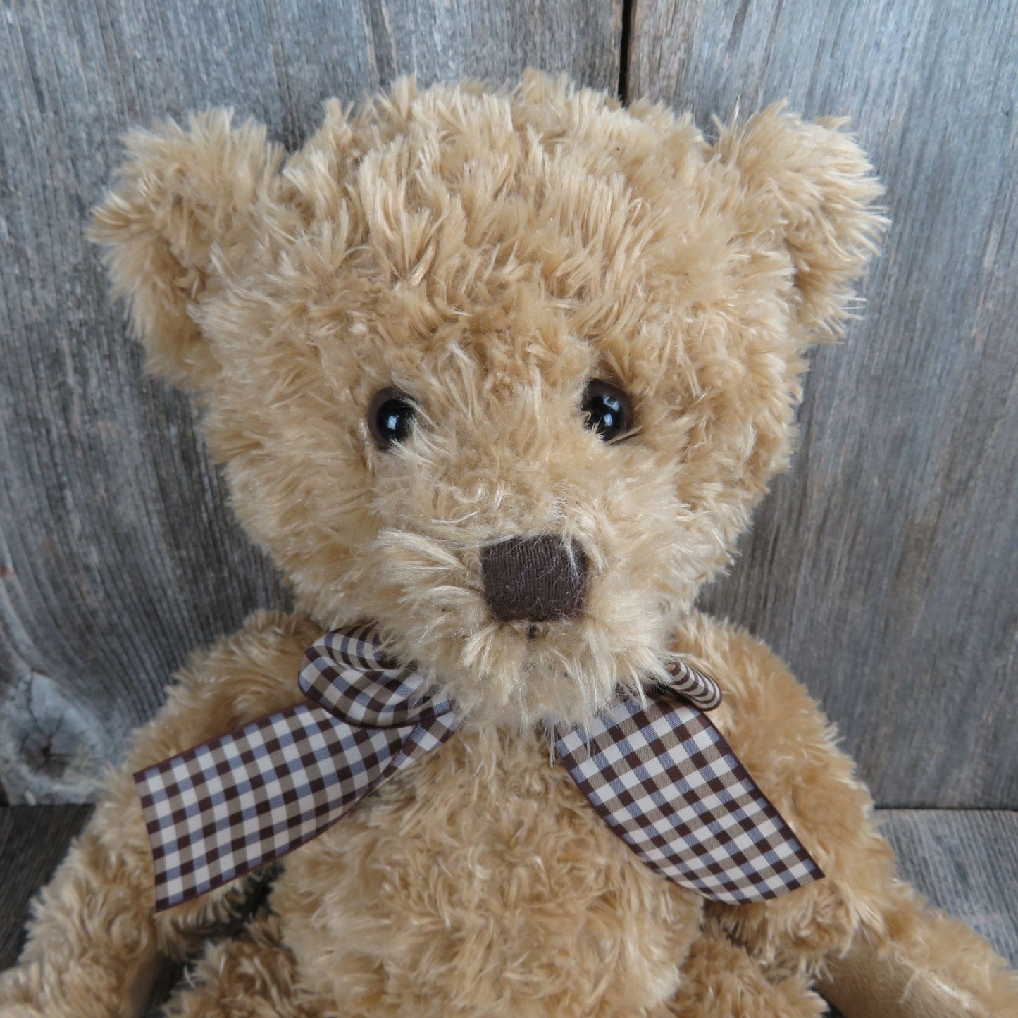 Fuzzy Brown Bear Plush Checkered Bow Bearington Collection Stuffed Animal
