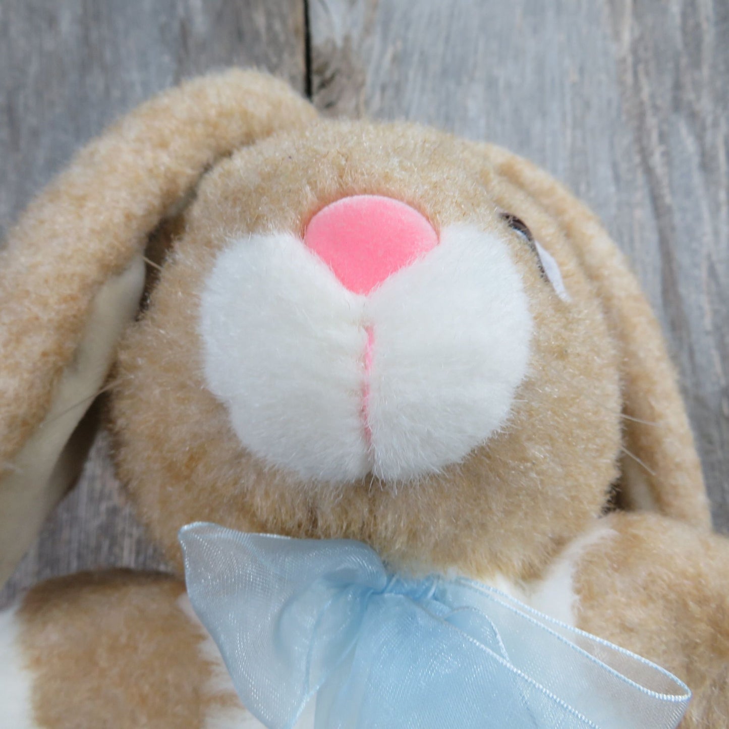 Vintage Bunny Rabbit Plush Beige Brown with Blue Bow Hard Stuffed Animal Plastic Eyes and Flocked Nose Easter
