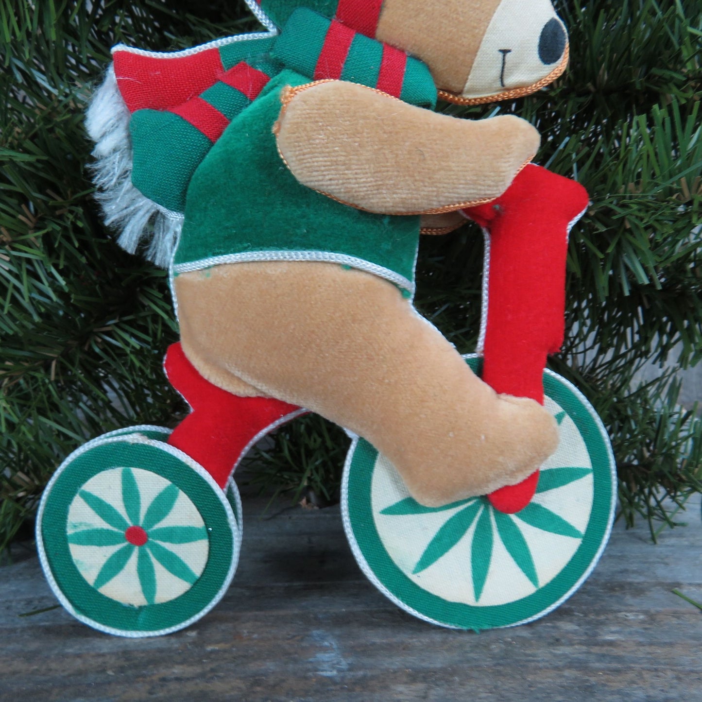Vintage Bear on Bike Plush Ornament Velveteen Christmas Fabric Red Green Stuffed Animal