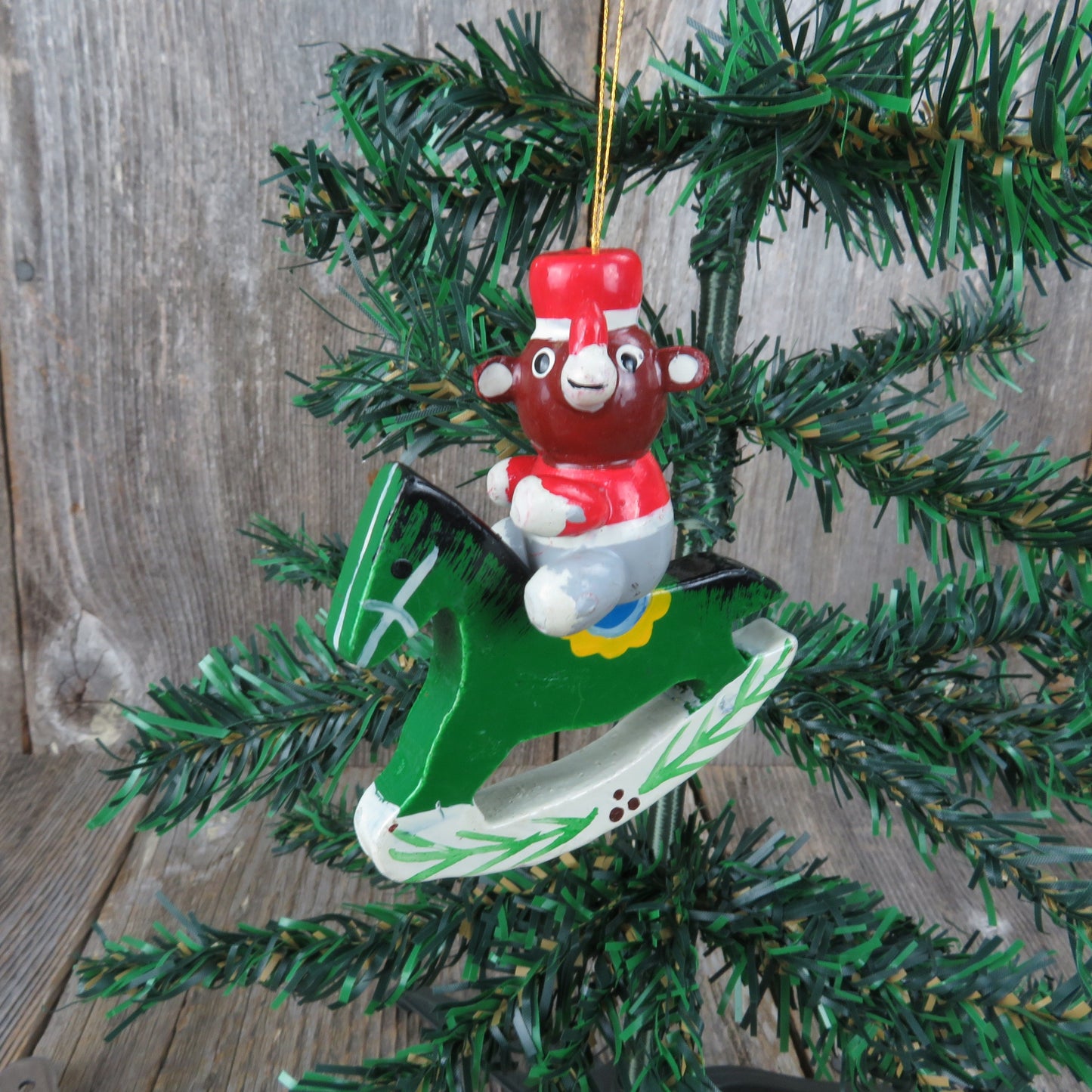 Vintage Bear on Wooden Rocking Horse Ornament Green White Christmas Pony Painted Red