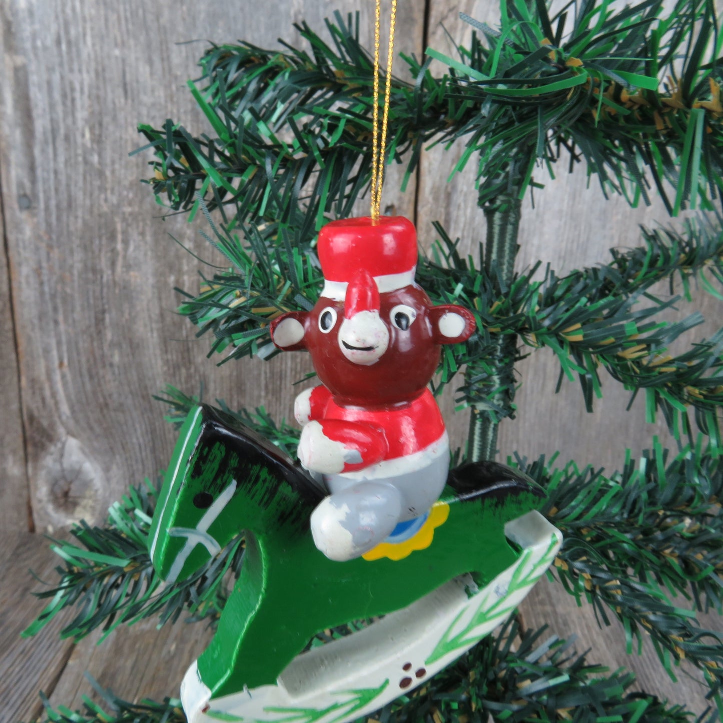 Vintage Bear on Wooden Rocking Horse Ornament Green White Christmas Pony Painted Red