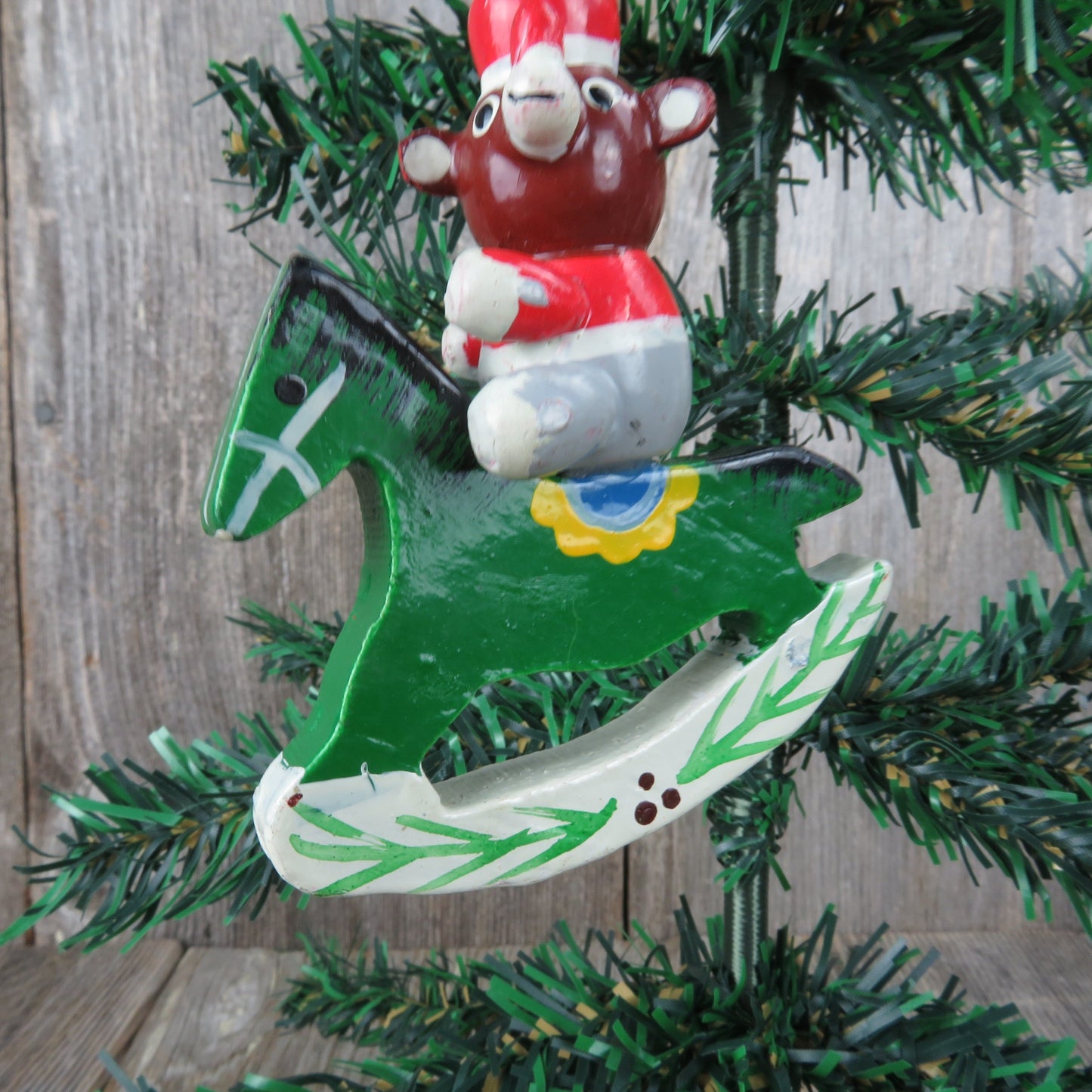 Vintage Bear on Wooden Rocking Horse Ornament Green White Christmas Pony Painted Red