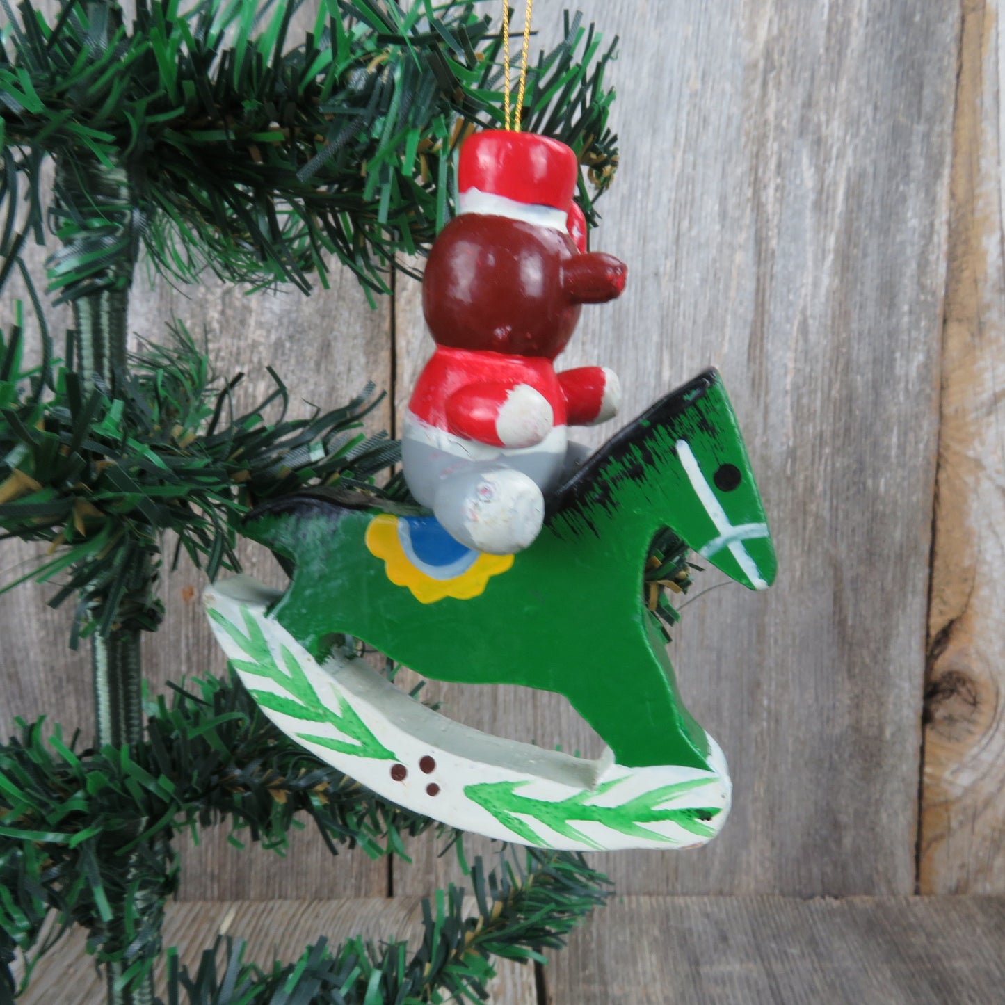 Vintage Bear on Wooden Rocking Horse Ornament Green White Christmas Pony Painted Red