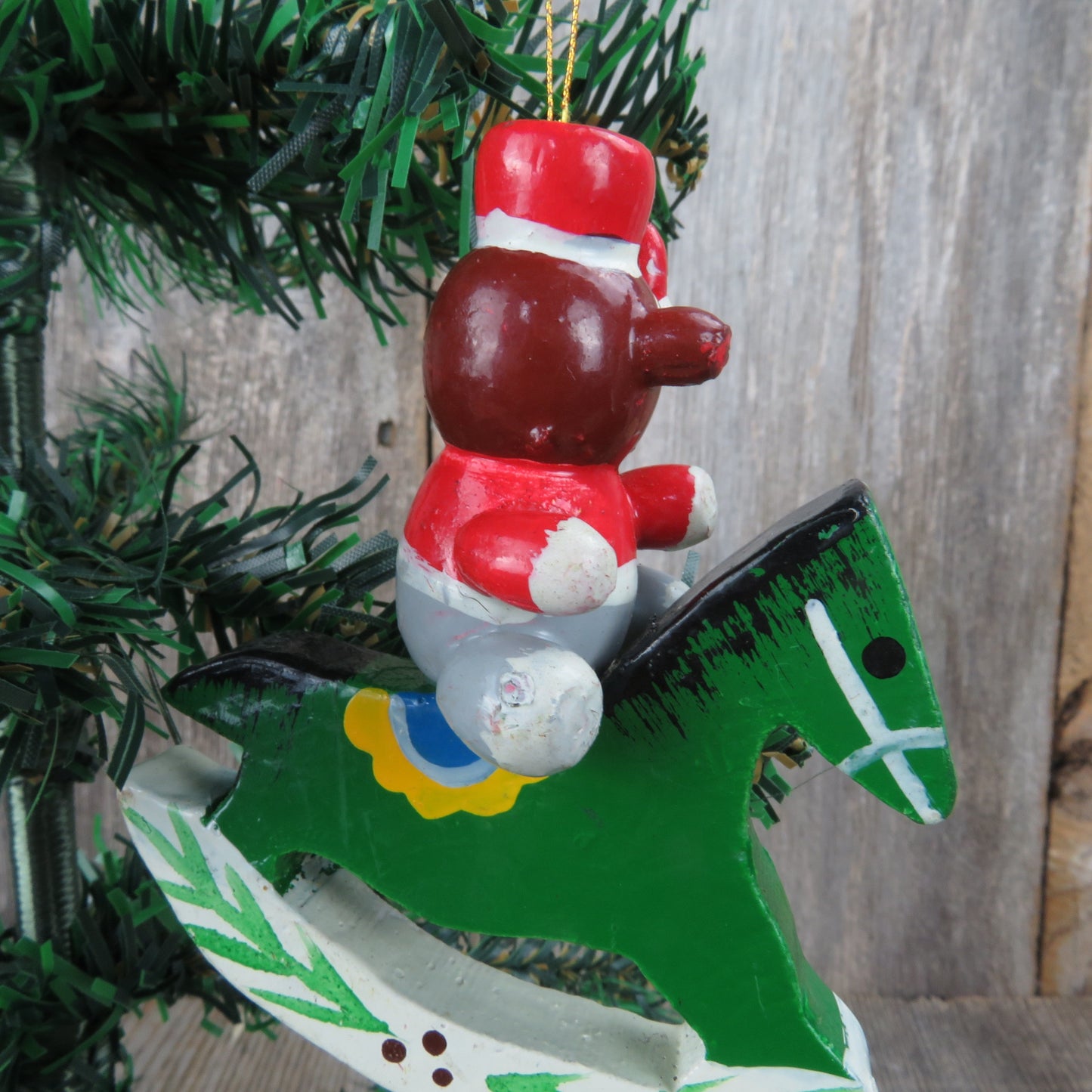 Vintage Bear on Wooden Rocking Horse Ornament Green White Christmas Pony Painted Red