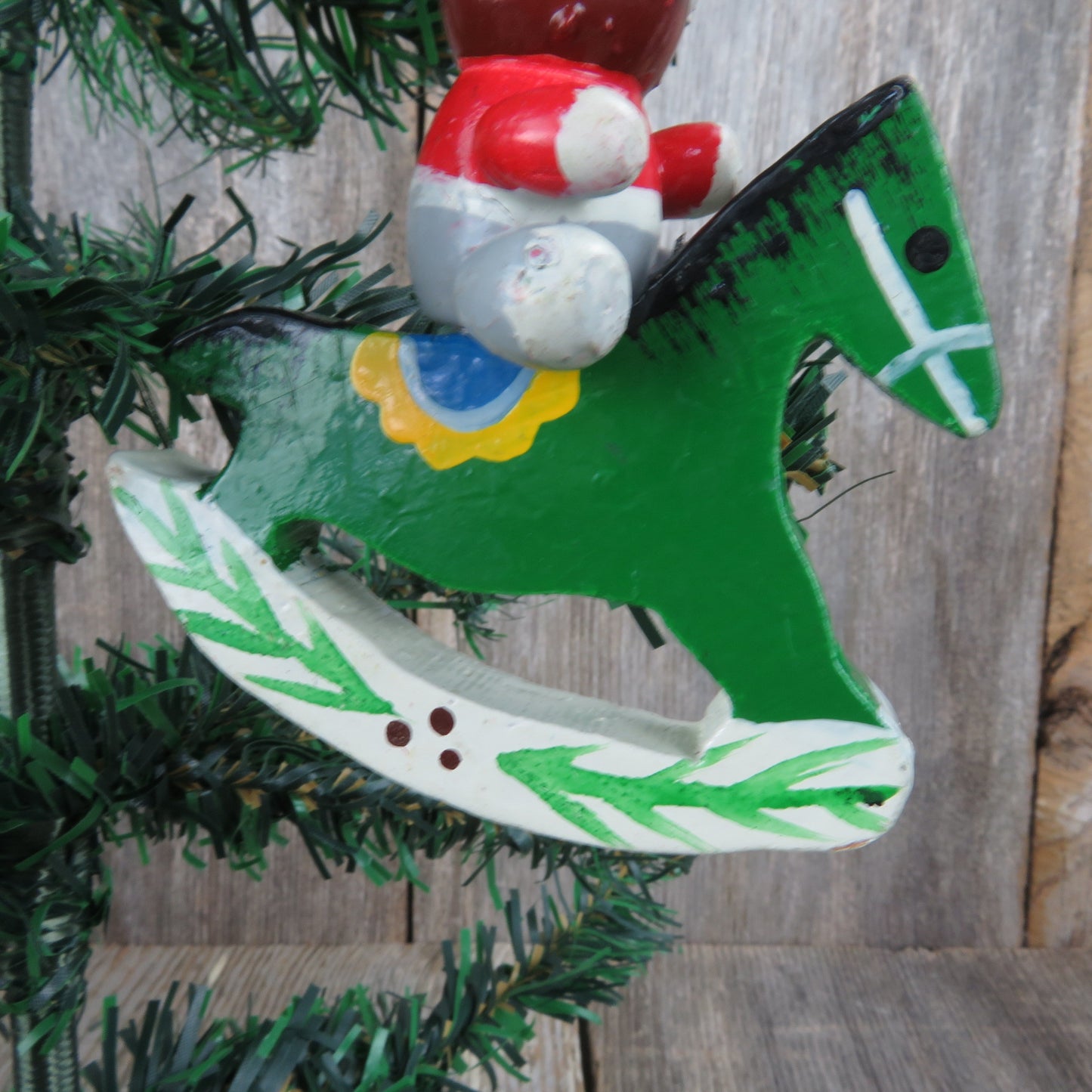 Vintage Bear on Wooden Rocking Horse Ornament Green White Christmas Pony Painted Red