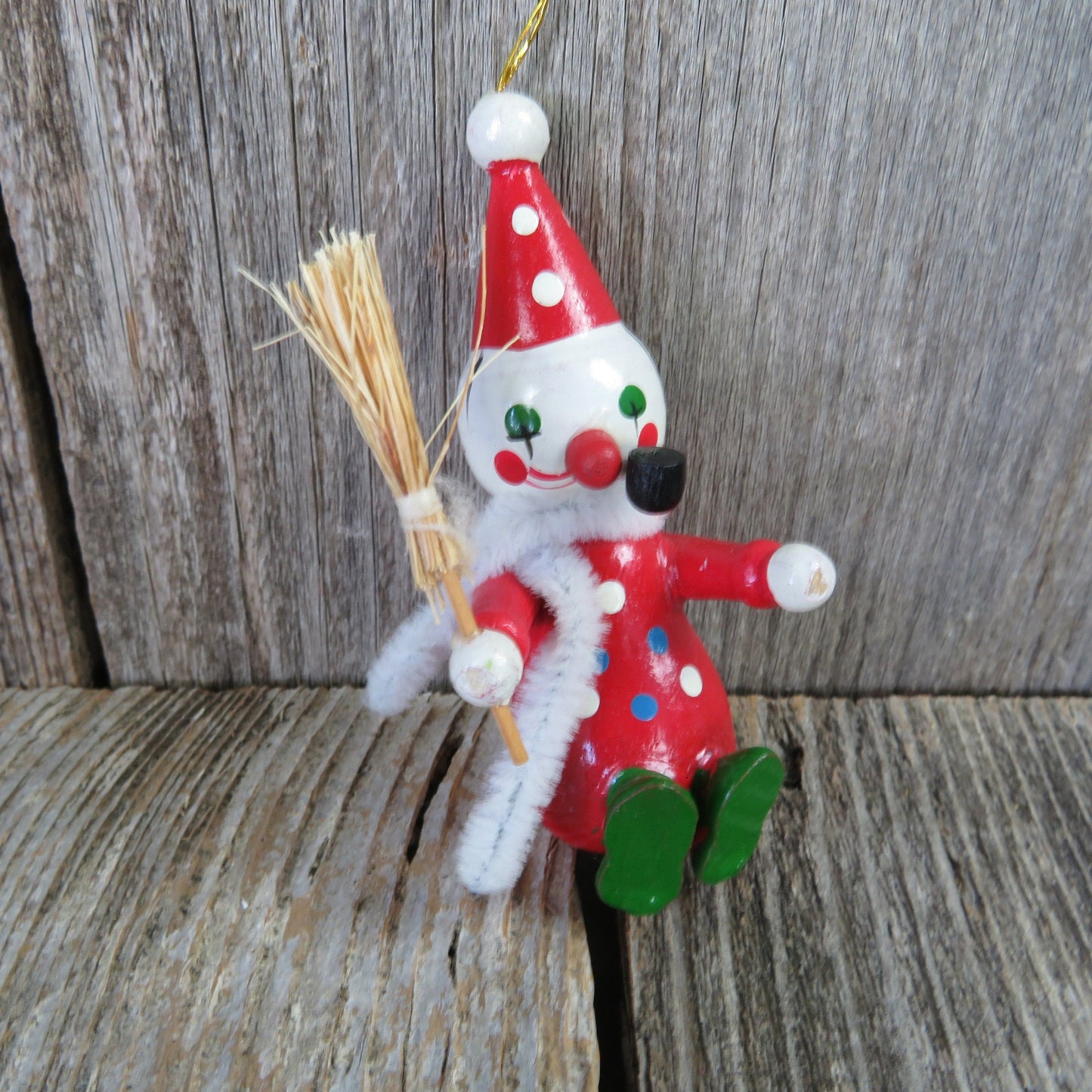 Vintage Wooden Clown Ornaments Pipe Broom Scarf Wood Christmas Made in Taiwan