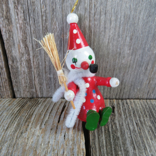 Vintage Wooden Clown Ornaments Pipe Broom Scarf Wood Christmas Made in Taiwan