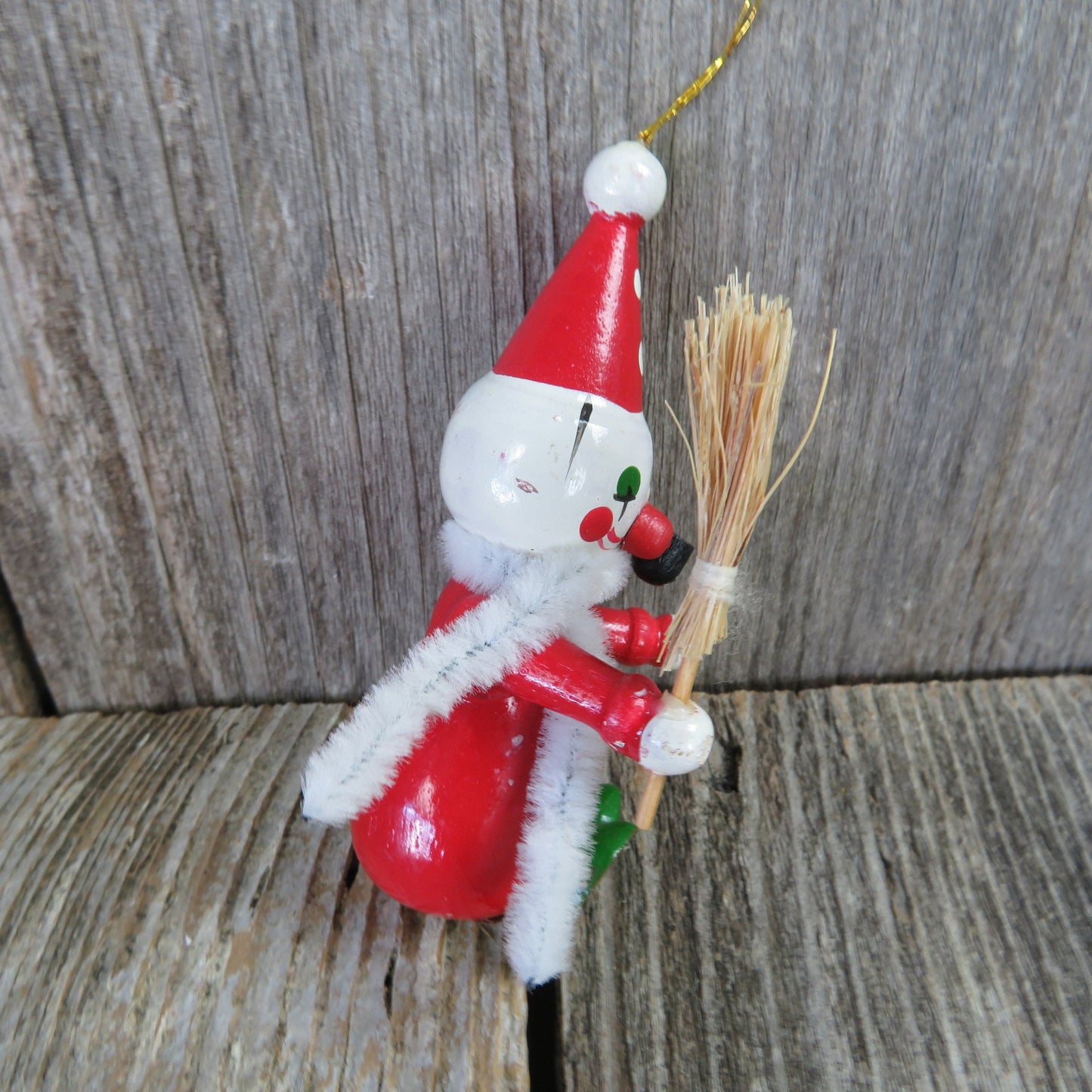 Vintage Wooden Clown Ornaments Pipe Broom Scarf Wood Christmas Made in Taiwan