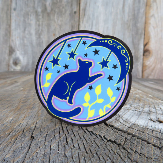 Blue and Purple Cat with Moon and Stars Sticker Waterproof Magic Mystic Cat Lover