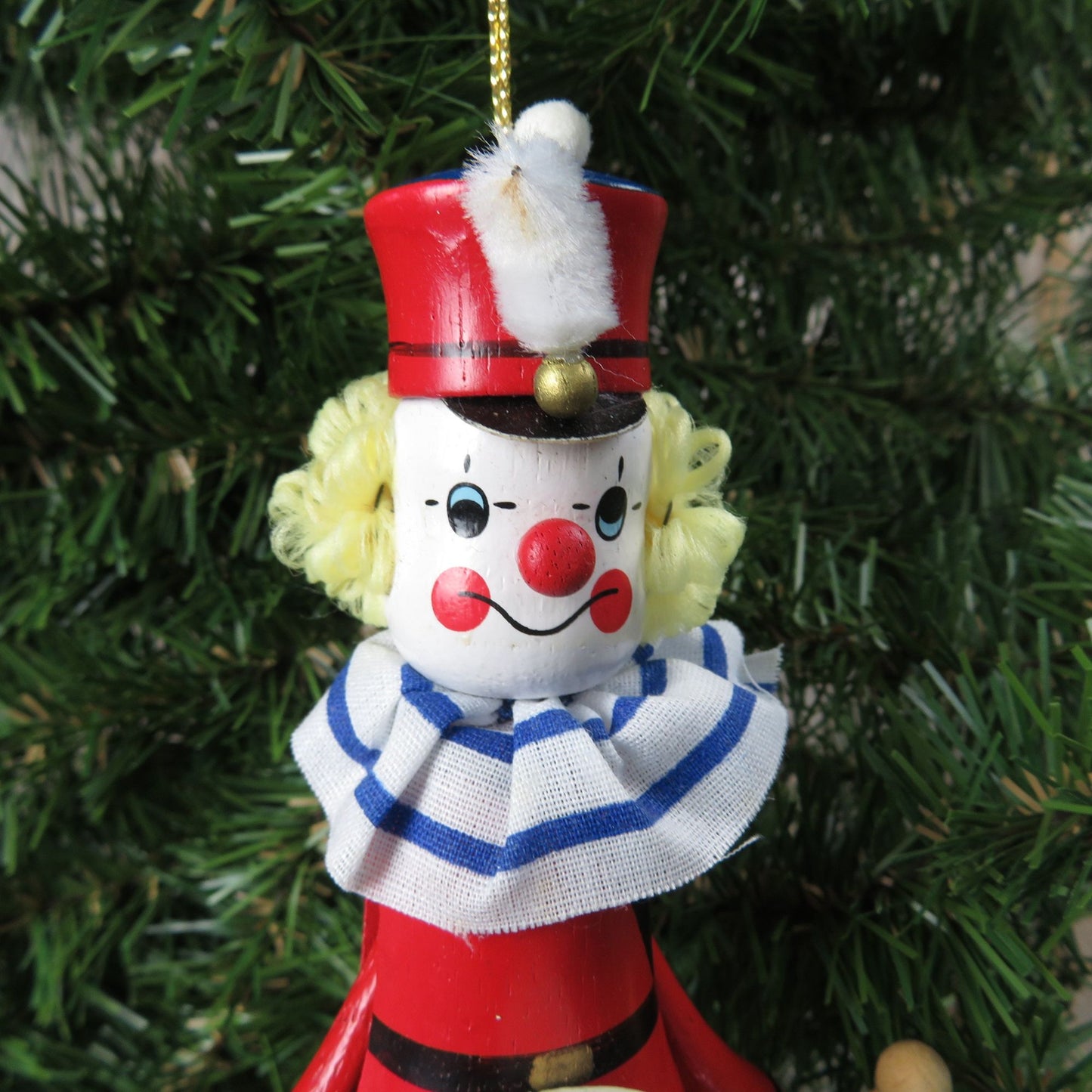 Wood Pull String Clown Ornament Kurt Adler Vintage Jumping Circus Drummer Christmas 1990